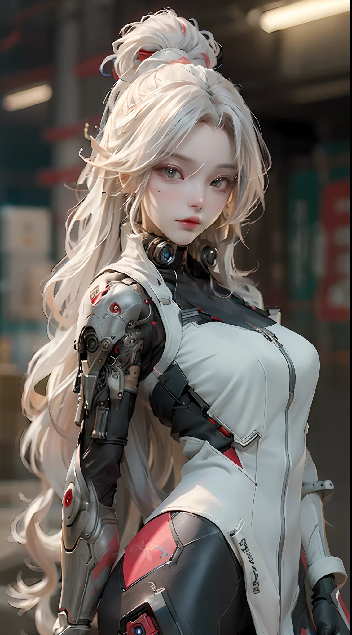 ((Best quality)), ((masterpiece)), (detailed:1.4), 3D, an image of a beautiful cyberpunk female, long hair,white hair,red eyes