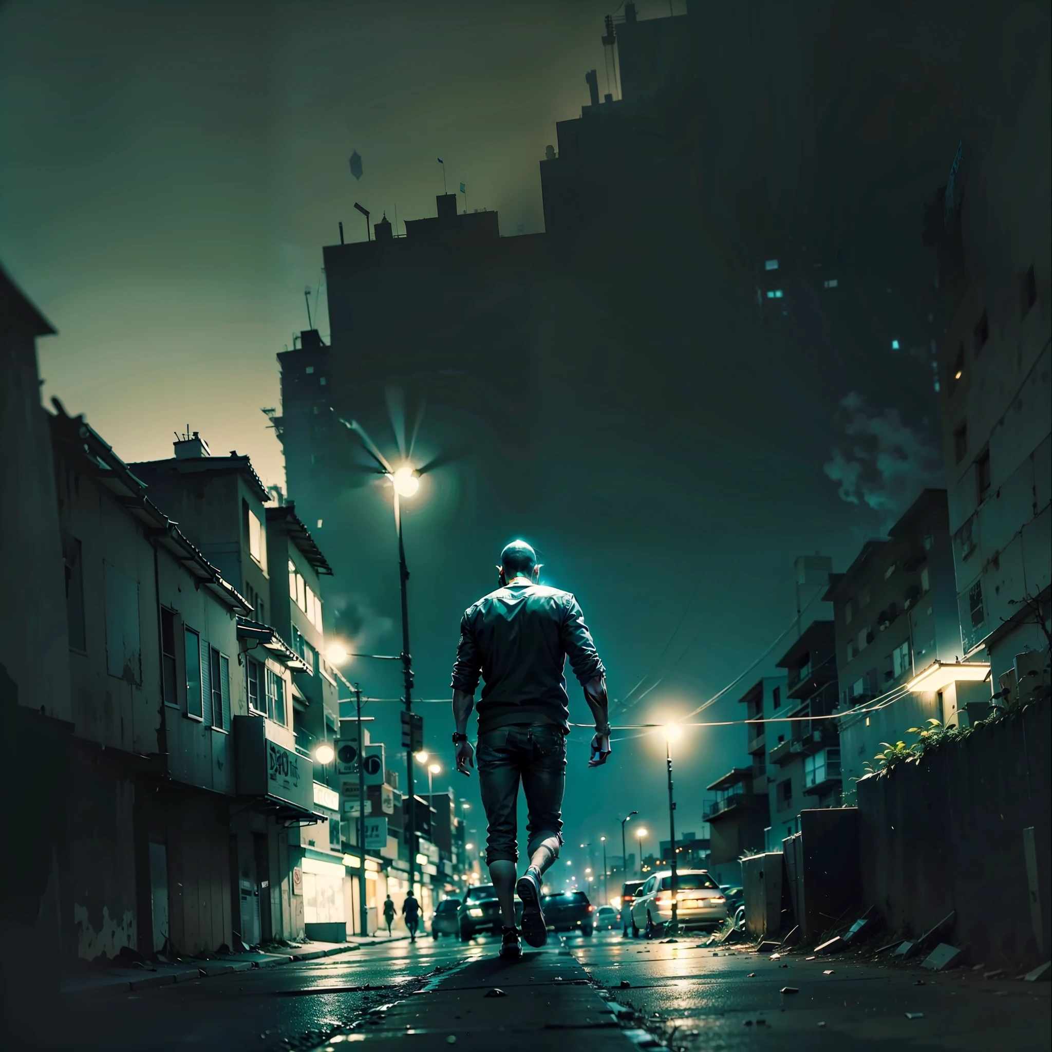 (Homem_zombie AND cidade_devastada AND nova_york),best quality,realistic details,night scene,urban environment,running/dashing,scary atmosphere,dark lighting,high contrast,blurry background,noise and grunge texture.