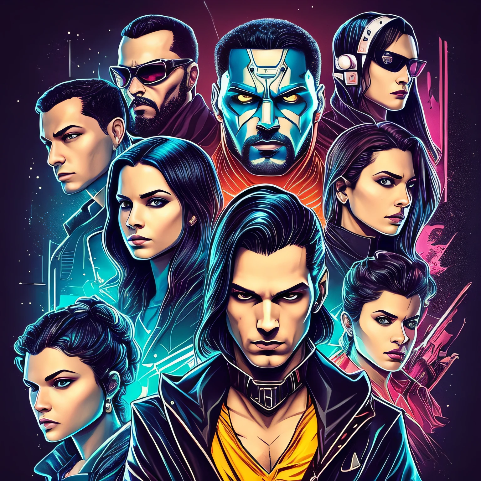 arte para camiseta, 2D, ((fundo preto :1, 5)), vetor, cores vivas, personagem da roupa cyberpunk, obra-prima, melhor qualidade, detalhes intrincados, perfect symmetrical face, detalhes realistas, gothic theme, luz da borda, luar, cinematic shading, Greg Rutkowisk