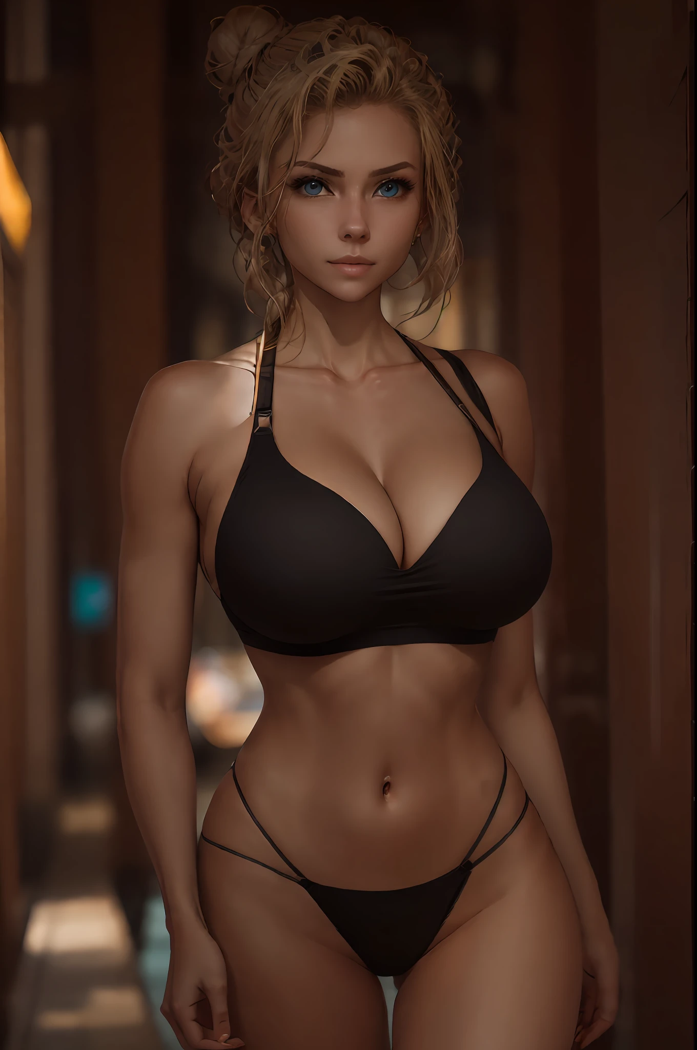 realistic body shot photo of a MyNataLee woman walking in front of the camera with (natural breast:1.1) wearing a black sport dress, glamour photoshoot, blond bun hair, blue eyes, beautiful face, MyNataLee woman, perfect anatomy, fit girl, looking into the camera, walking towards the camera:1.2, strong hip:1.2, wide hip:1.3