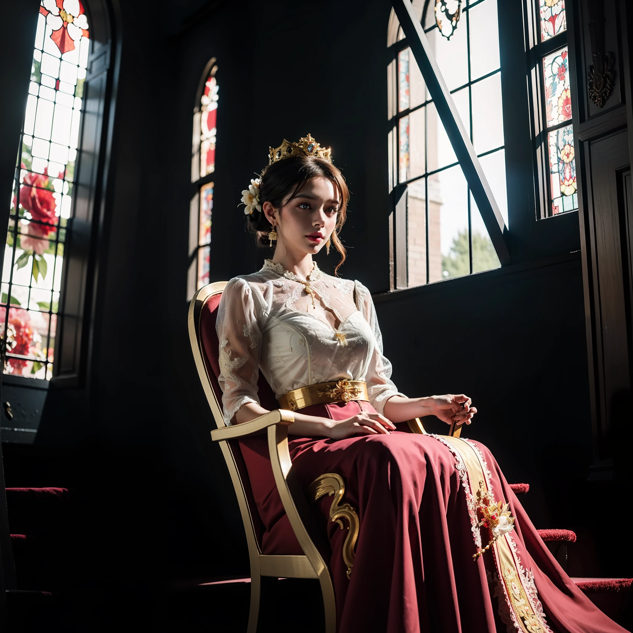 Extremely detailed woman sitting on her throne with reflective diamond details with a dominant pose in front of the stairs, giant and extremely detailed window behind her, with white blacklight, bright blonde hair with bangs, extremely large crown of diamonds, extremely light and bright large blue eyes, freckles, looking down with look of extreme contempt and hatred for the viewer, long, white dress with gold details and red straps, white fuzzy stairs in the middle and red fabric at the ends, with identical gold details in each fold,, extremely strong lighting and shadow on the hair, extremely strong shadow on the face, diamond details,volumetric lighting, unreal render, octane render, perfect face, perfect dress, perfect hands, perfect face, perfect eyes, glamour atmosphere, ray tracing reflections, ray traced, rtx, hdr, sharpen, cinematic, golden hour