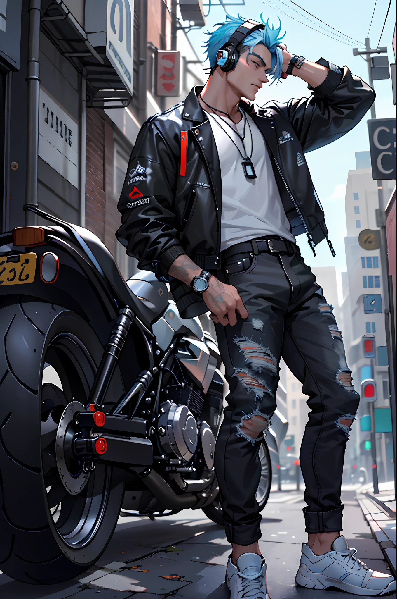 Best Quority, Super-High Resolution, (realisticlying:1.4), A cool boy in a glowing translucent material,blue hairs,headset on head,cyberpunked,Swing motion,Side shot,fullllbody,Leaning against the black motorcycle,Street colorful clothes,There are a lot of decorations on the head and clothes,Stand on realistic ground,the street,afofuturism,sense of science and technology,full length shoot,Translucent colorer,Glossy material,A clean background,the best quality,ultra detali,cinmatic lighting,Dark Boy,Cool décor,wristwatch,Silver necklace,ear pierce,ripped jeans,