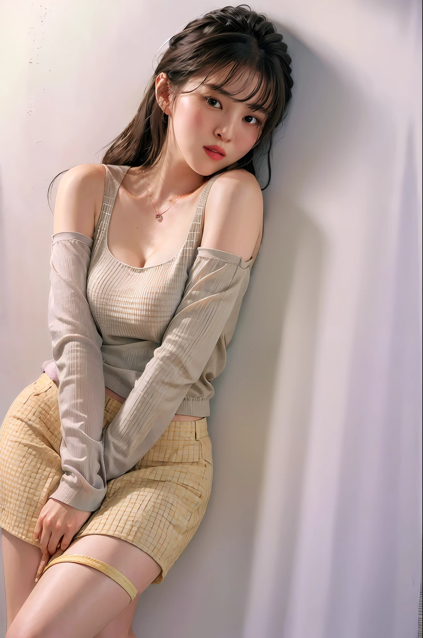 realisticlying，8K，Ultra Realistic Detail，Sharp focus，Delicate skin，（Outside，Usually comfortable in soft lighting），（School uniform purple miniskirt，，Crystal heels，statement necklace），Extremely detailed face and eyes，（Large breasts)，Long yellow curly hair，Wear white stockings，on the campus
