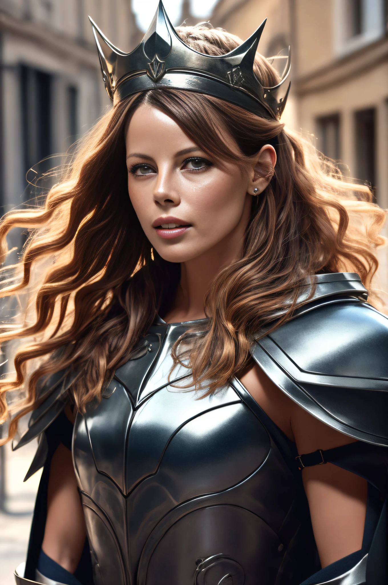 Close-up, a French female knight (kate beckinslae, slender, young, long wavy brown hair blowing in the air, bright blue cloak, amber pupils, full metal armor, wearing a small crown on her head, metallic texture, pious eyes , confident, freckles , fresh style, heroic, light makeup, delicate facial features, tall figure, standing model) Bright Skin: 1.2, Bright Face: 1.2, Cinematic Light: 1.3, Soft Light, Silver:: 0.8, High Detail: :1.3, Ultra High Quality::1.3, High Resolution, 16K Resolution, Ultra HD Pictures, Ultra Realistic, Clear Details, Realistic Details::1.3, Ultra High Definition, Light Background (Medieval Street, Blue Sky)