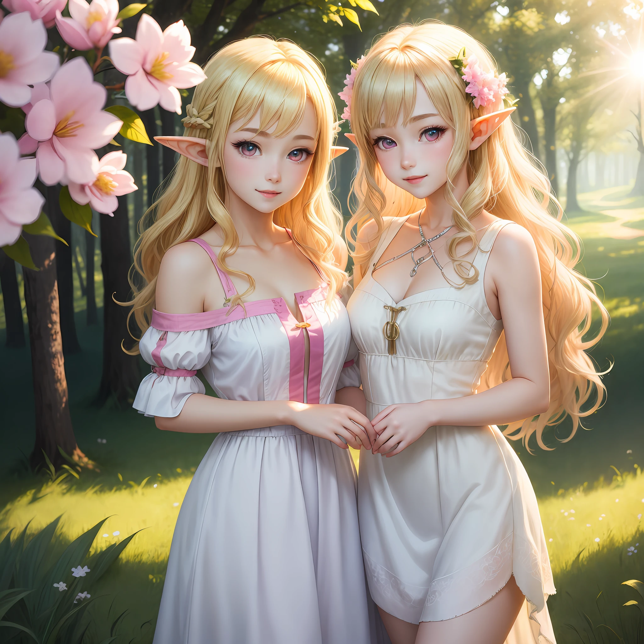 （Best Quority，a masterpiece of，Artistically）Teen girls。light-blonde hair。Large wavy curls。Pink eyes。Elf ears。White gauze dress。Holy and beautiful。chaste。animemanga girl，Realistic style，CG。ssmile。Beautiful enchanted forest。grass field，blossoms。sun beam，Sunny weather。