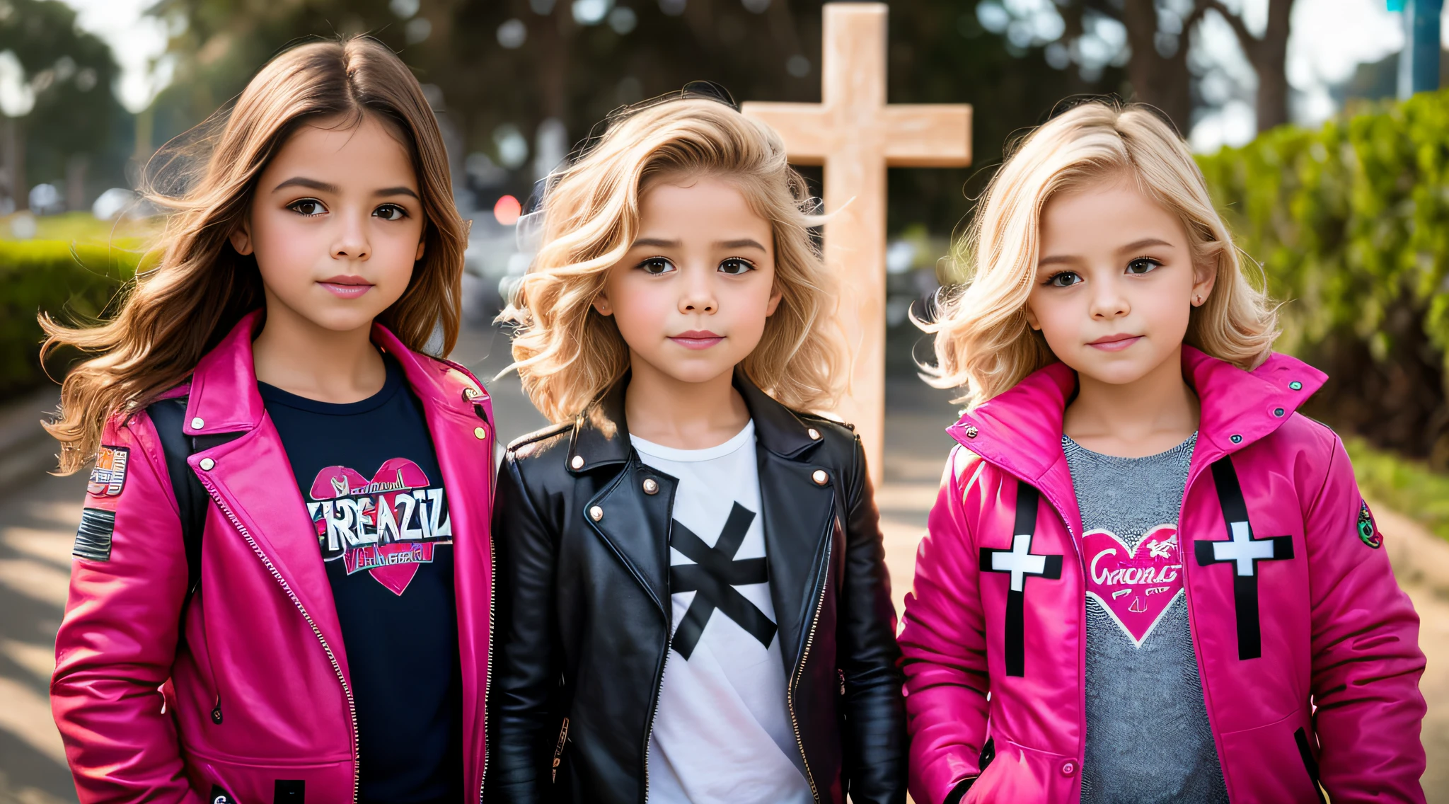 BLONDE KIDS 10 ANOS, jaqueta de couro preta, cabelos LOIROS muito longos, , uma cruz , retrato, foto de zoom detalhada, Crucifixo, Cruzes, cruz, neon cross.