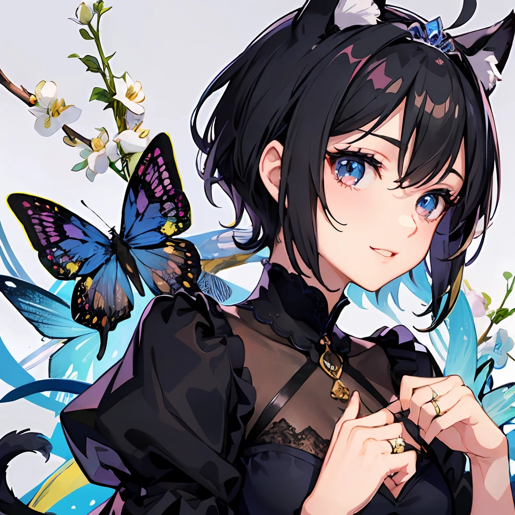 ((beste-Qualit))、((шедевр))、((ultra-definition))、(illustratio)、(Fine light)、(Extremely delicate and beautiful)、(((独奏)))、1 girl in、(((beautiful a girl)))、opened mouth、Shy smile、(Black-haired), (Black cat ears), (Ahoge), (absurdly short hair), (Maeby Hair), (Blue eyes),Fashionable background、doress、Wearing a tiara、Wearing a ring only on the ring finger of his left hand、Kamimei、