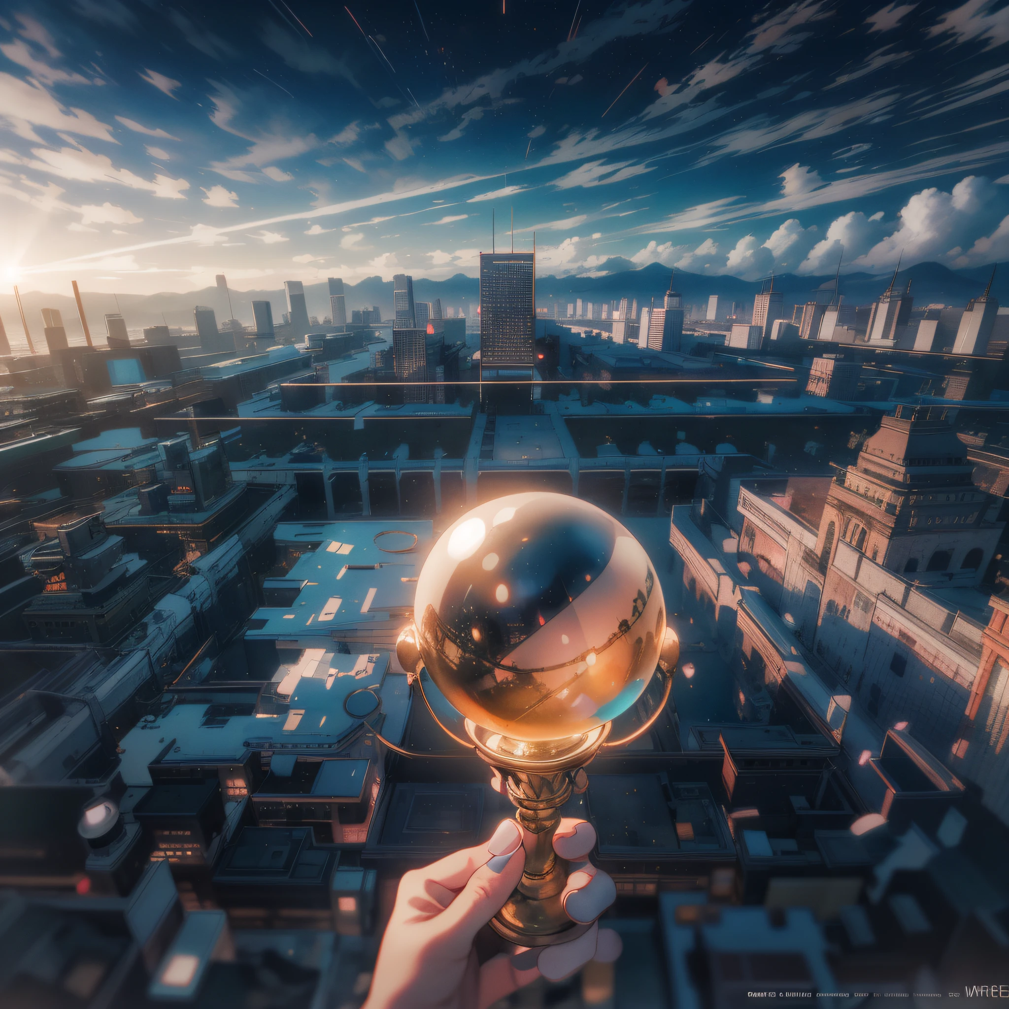someone holding a golden trophy in their hand in front of a city, rossdraws global illumination, 3 d render beeple, ross tran. scenery background, artgem and beeple masterpiece, beeple global illumination, ross tran and wlop, beeple masterpiece, Realism | beeple, cinematic beeple, beeple. hyperphotorealism