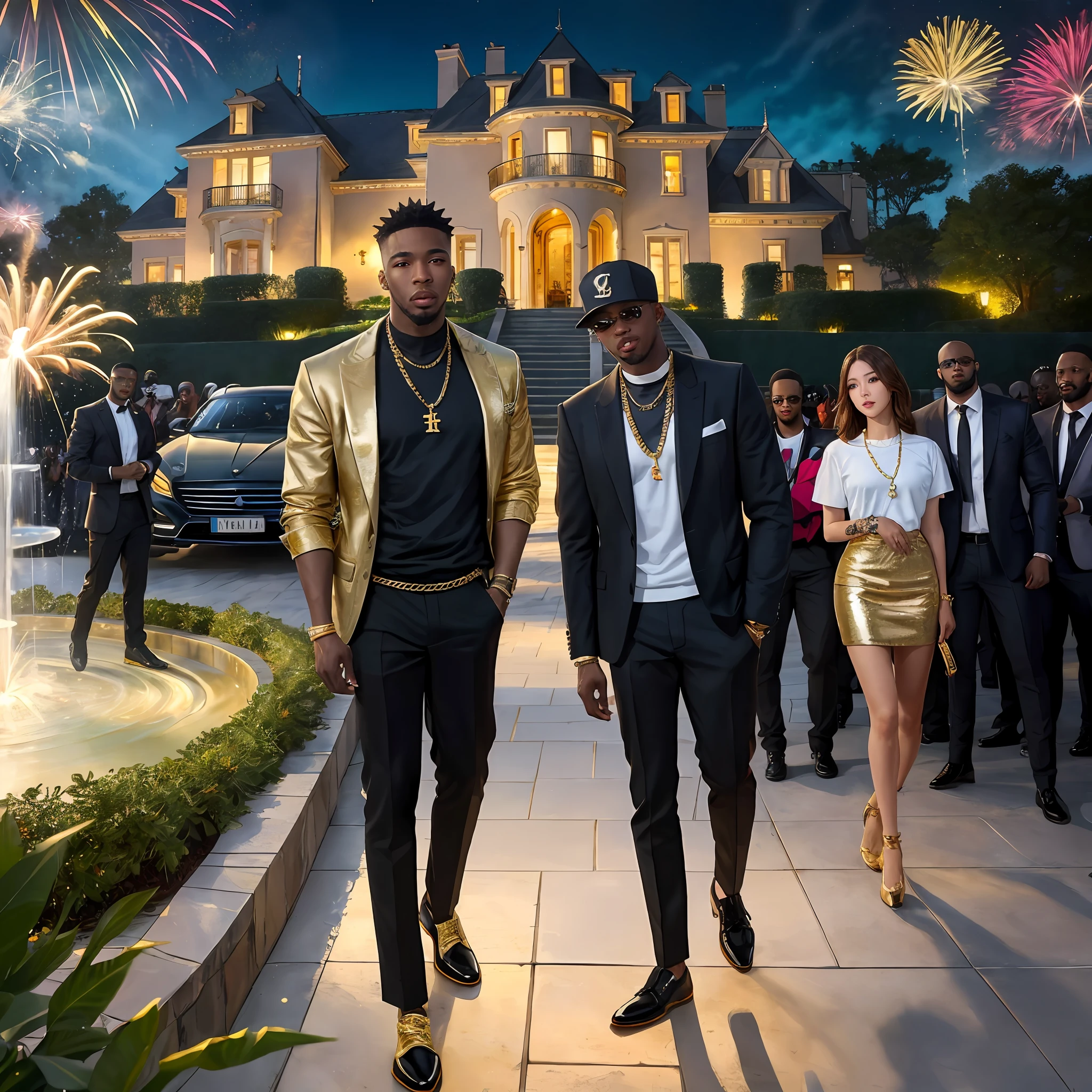 black male rappers and female Gangsters, money in hand, gold chains around their necks, gold teeth, luxury cars in background, designer rapper clothes, Mansion compound setting, fountain, fireworks in the sky (natural skin texture, hyperrealism, soft light, sharp), front view, full body shot, night time, mansion light illumination