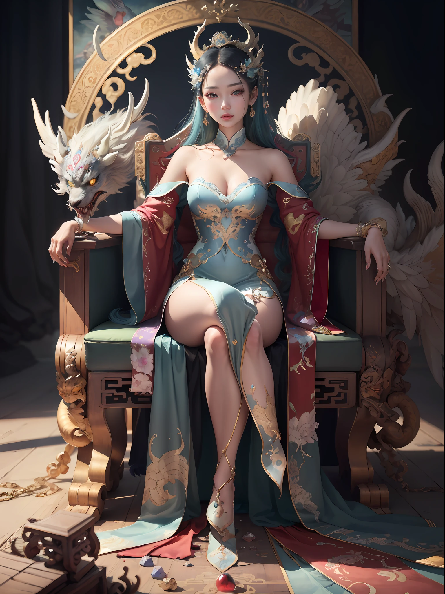 A Chinese girl sitting on a throne, a throne encrusted with precious stones, surrounded by Chinese phoenix beasts, gold and ruby color, unique monster illustration, Dau al set, high resolution, a painting, dense composition, playful repetition, precious stones, crystals, gold, detailed paintings, unique monster illustrations, super fine details, realistic, super high resolution, complex, super detail, (skin dents), cute, feminine, detailed body, (Detailed face: 1.1), (contoured iris), (watercolor lenses), (perfect eyes), 4k, gorgeous, (masterpiece: 1.2), (best quality: 1.2), gorgeous long dress, dynamic pose, rich colors, film light and shadow