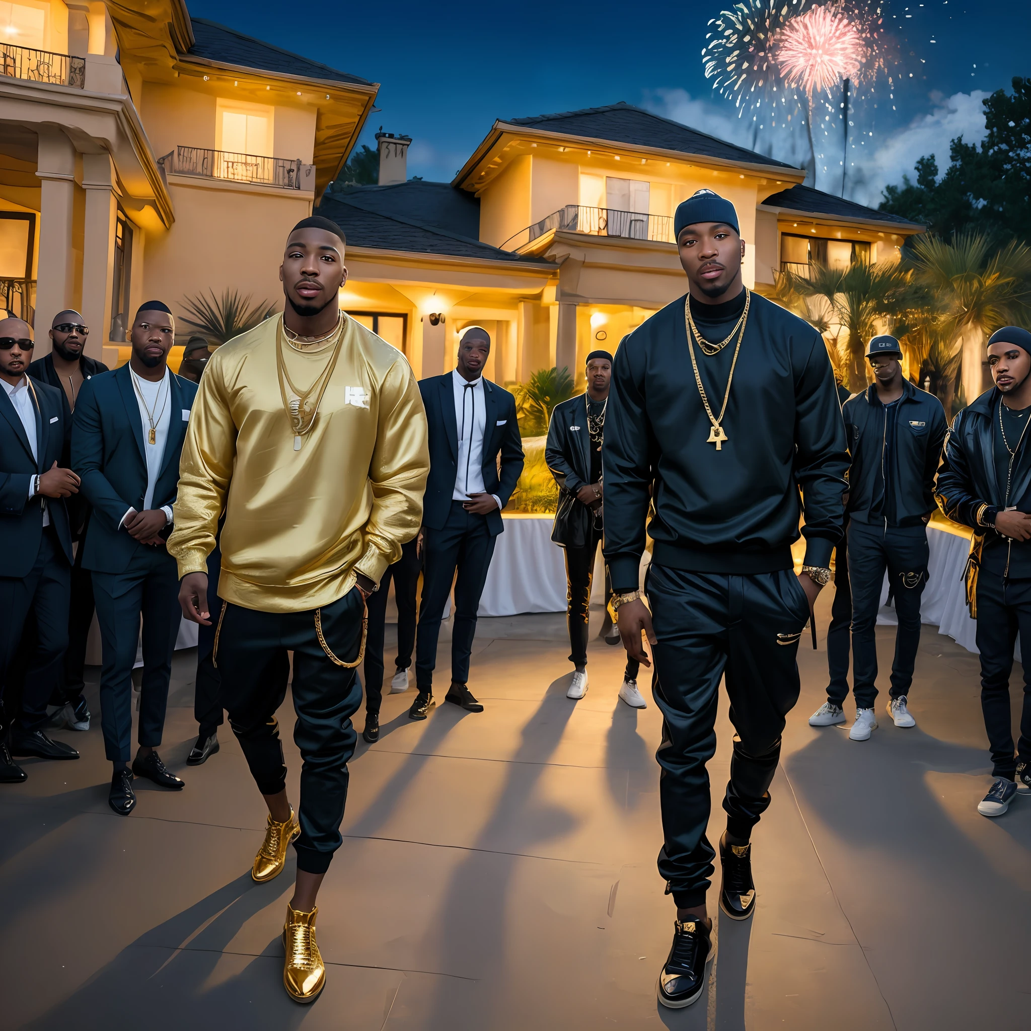 black male rappers and female Gangsters, money in hand, gold chains around their necks, gold teeth, luxury cars in background, designer rapper clothes, Mansion compound setting, fountain, fireworks in the sky (natural skin texture, hyperrealism, soft light, sharp), front view, full body shot, night time, mansion light illumination