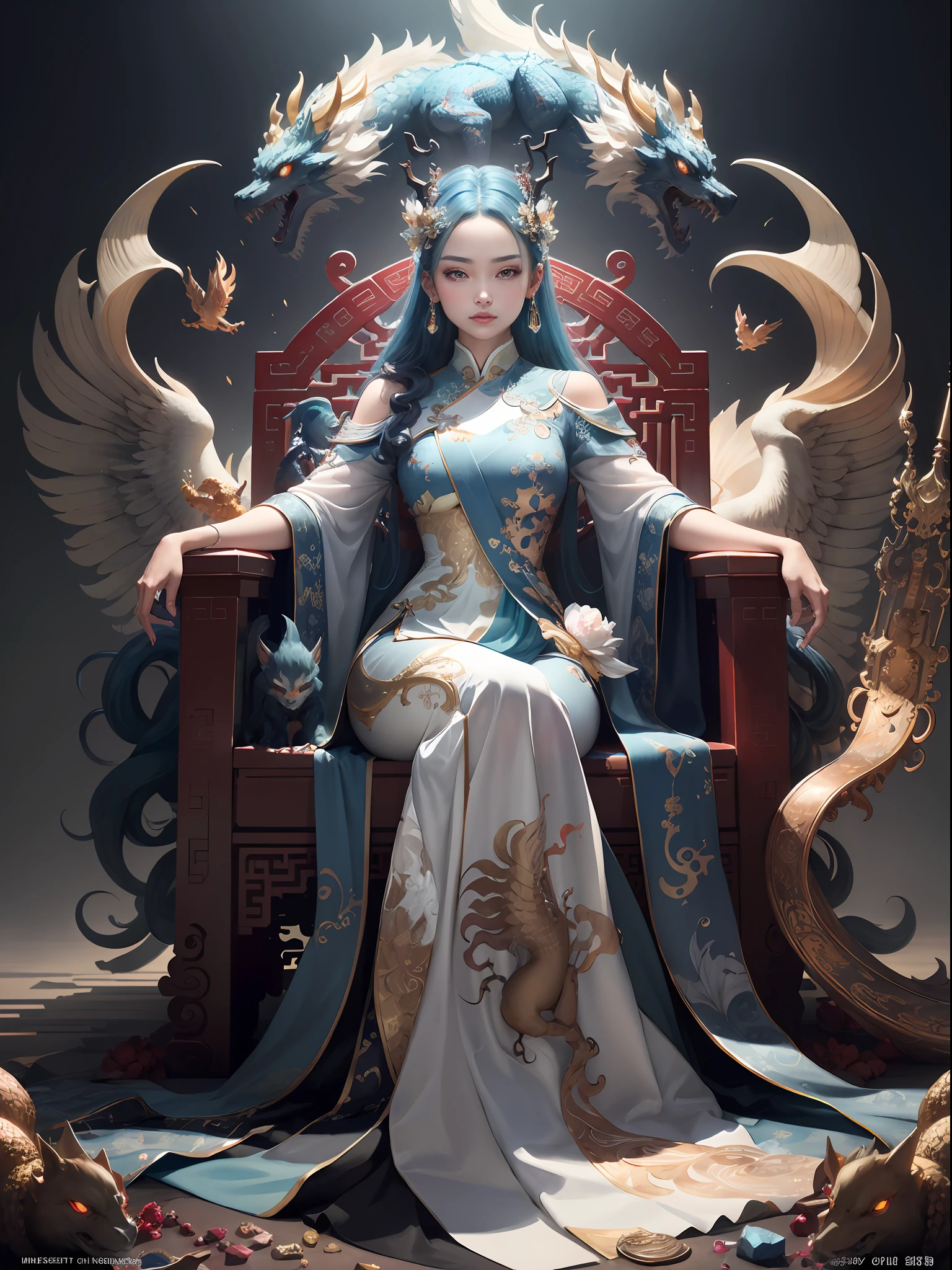 A Chinese girl sitting on a throne, a throne encrusted with precious stones, surrounded by Chinese phoenix beasts, gold and ruby color, unique monster illustration, Dau al set, high resolution, a painting, dense composition, playful repetition, precious stones, crystals, gold, detailed paintings, unique monster illustrations, super fine details, realistic, super high resolution, complex, super detail, (skin dents), cute, feminine, detailed body, (Detailed face: 1.1), (contoured iris), (watercolor lenses), (perfect eyes), 4k, gorgeous, (masterpiece: 1.2), (best quality: 1.2), gorgeous long dress, dynamic pose, rich colors, film light and shadow