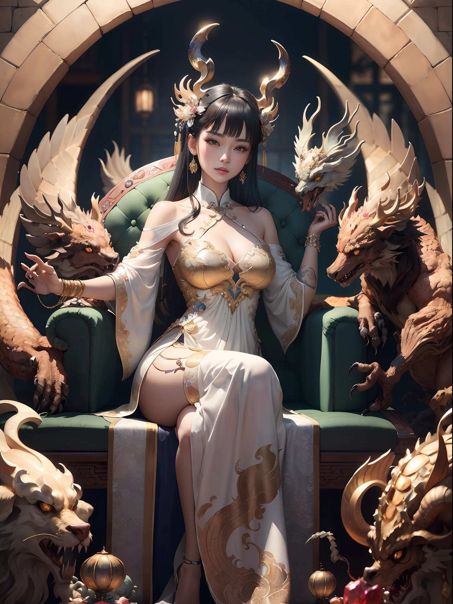 A Chinese girl sitting on a throne, a throne encrusted with precious stones, surrounded by Chinese phoenix beasts, gold and ruby color, unique monster illustration, Dau al set, high resolution, a painting, dense composition, playful repetition, precious stones, crystals, gold, detailed paintings, unique monster illustrations, super fine details, realistic, super high resolution, complex, super detail, (skin dents), cute, feminine, detailed body, (Detailed face: 1.1), (contoured iris), (watercolor lenses), (perfect eyes), 4k, gorgeous, (masterpiece: 1.2), (best quality: 1.2), gorgeous long dress, dynamic pose, rich colors, film light and shadow