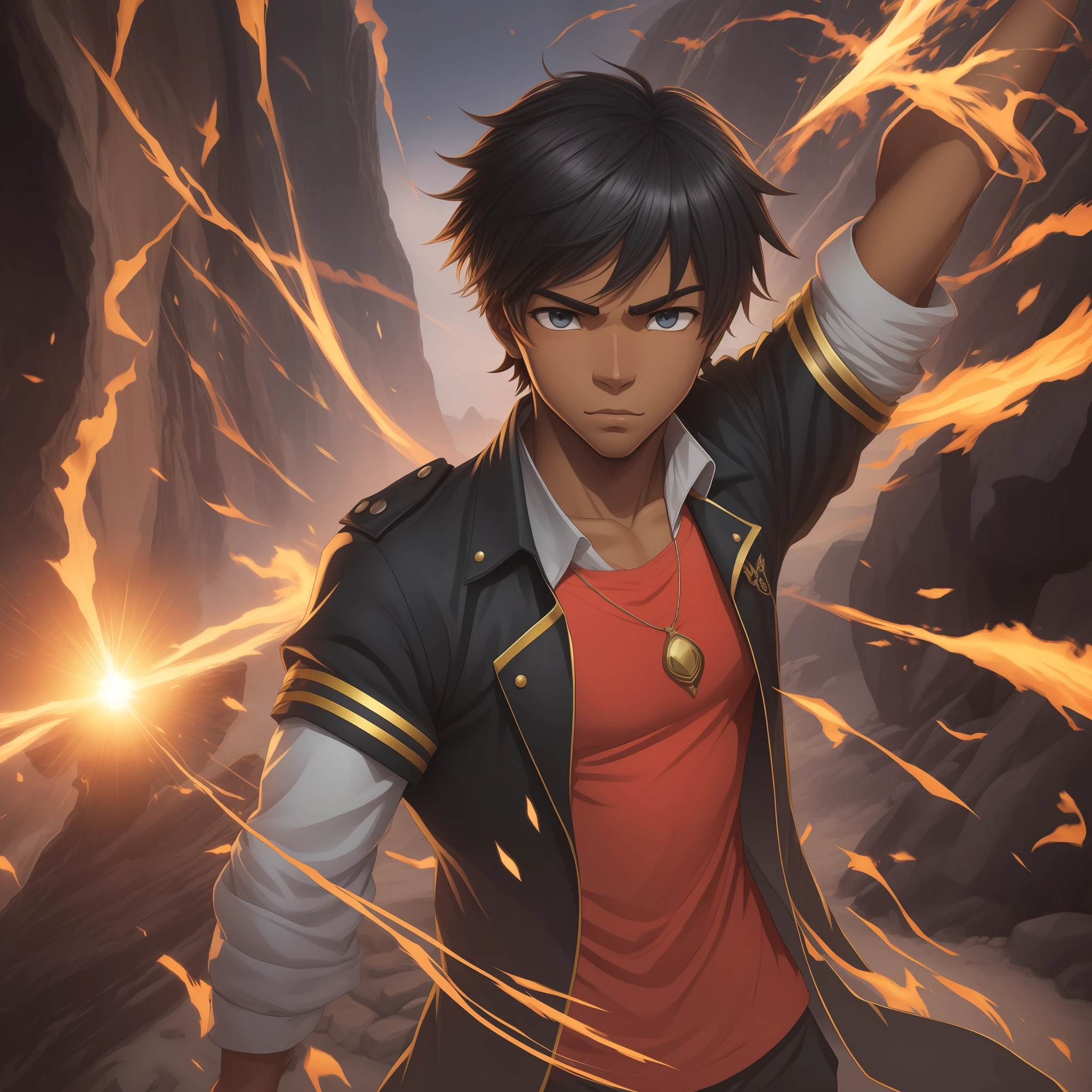 Jovem negro de 16 anos, sentando em uma pedra, characteristics of a 16-year-old, anime traits, poderes elementais de energia, cacheados escuros, male gender, cor de pele escura