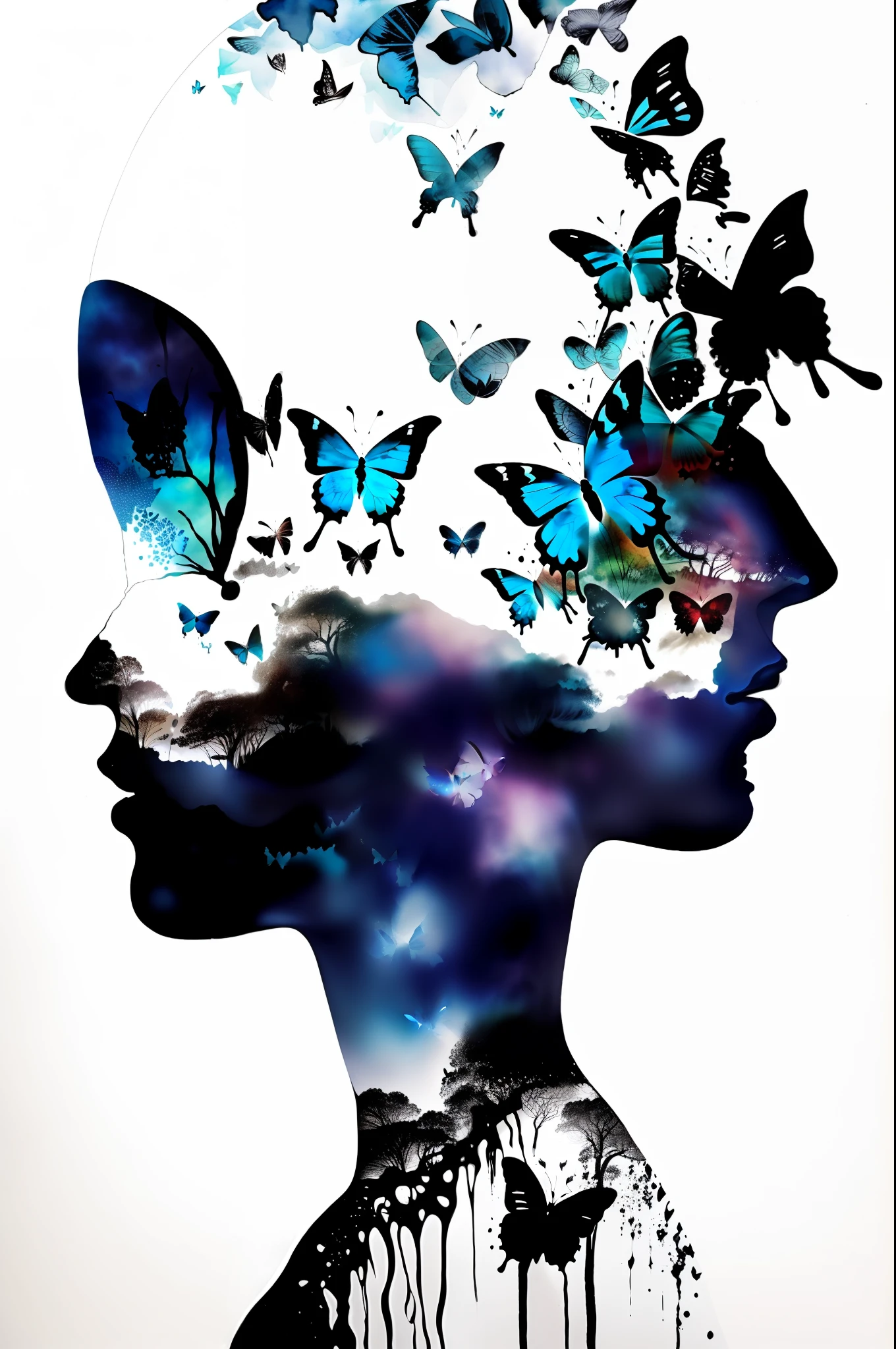 (Double exposure),1girl,white background,(solo),( ink painting),dripping,(butterflies),masterpiece,best quality