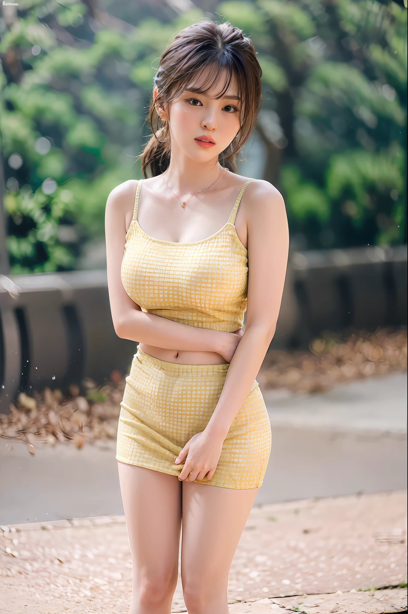 realisticlying,8K,Ultra Realistic Detail,Sharp focus,Delicate skin,(Outside,Usually comfortable in soft lighting),(Yellow miniskirt,Pink lingerie,Crystal heels,statement necklace),Extremely detailed face and eyes,(Large breasts),Wear white stockings,Long curly yellow hair,Standing in the park