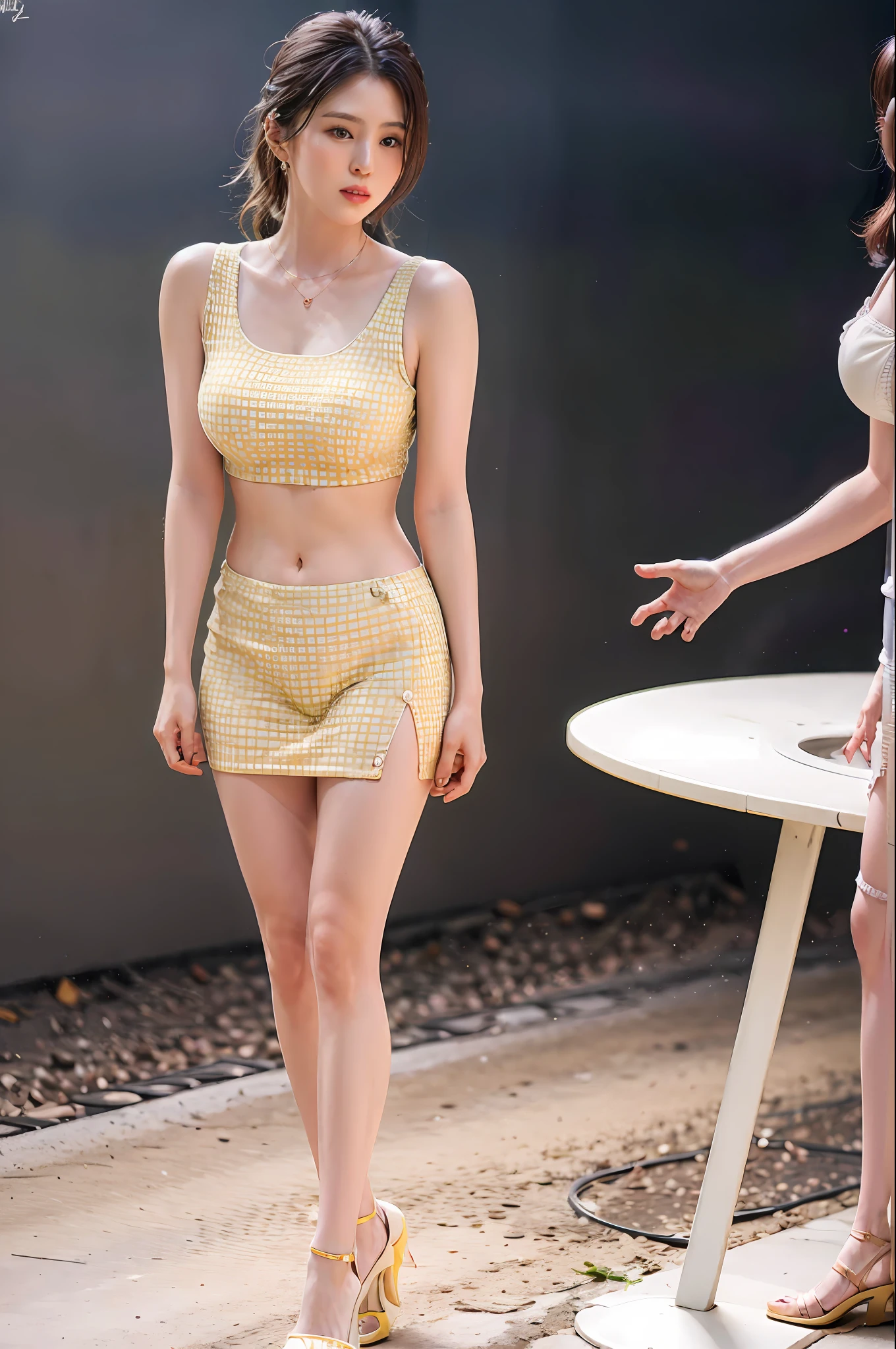 realisticlying，8K，Ultra Realistic Detail，Sharp focus，Delicate skin，（Outside，Usually comfortable in soft lighting），（Yellow miniskirt，Pink lingerie，Crystal heels，statement necklace），Extremely detailed face and eyes，（Large breasts)，Wear white stockings，Long curly yellow hair，Standing in the park
