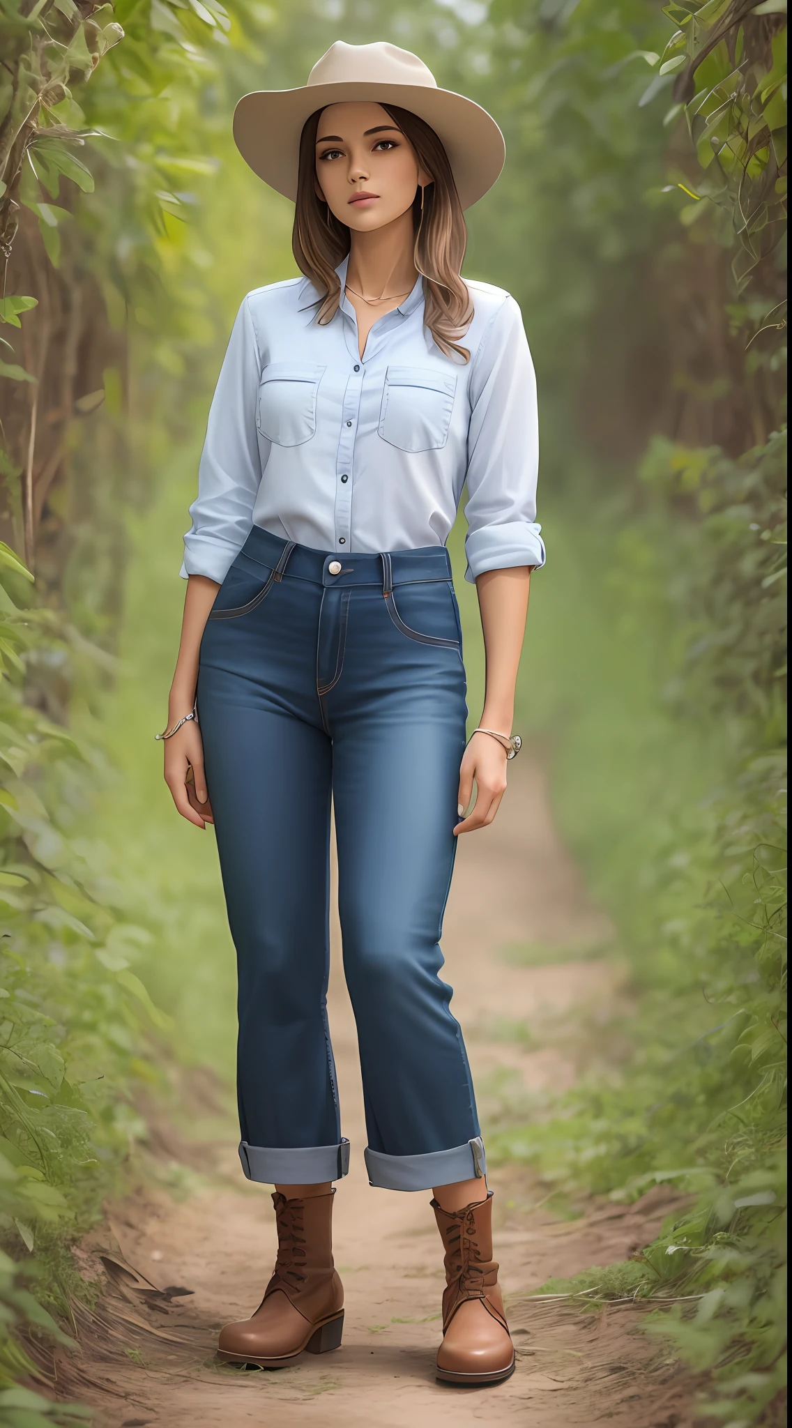 Mulher do campo, garota, roupas country, roupas caras e modernas, na moda, botas, chapeu, fundo da imagem cinza