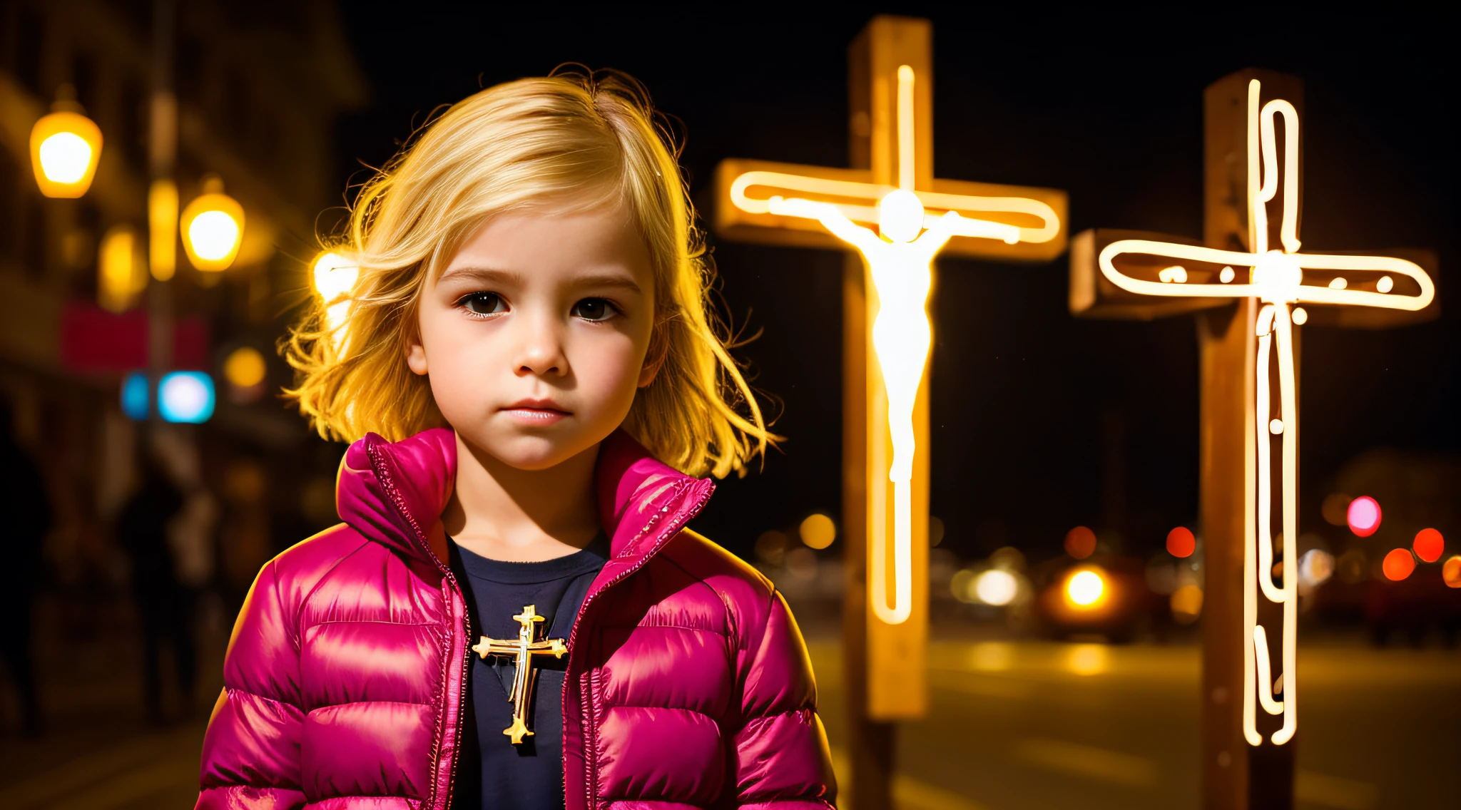 MENINA BLONDE 10 ANOS, jaqueta de couro preta, cabelos LOIROS muito longos, , uma cruz , retrato, foto de zoom detalhada, Crucifixo, Cruzes, cruz, neon cross.