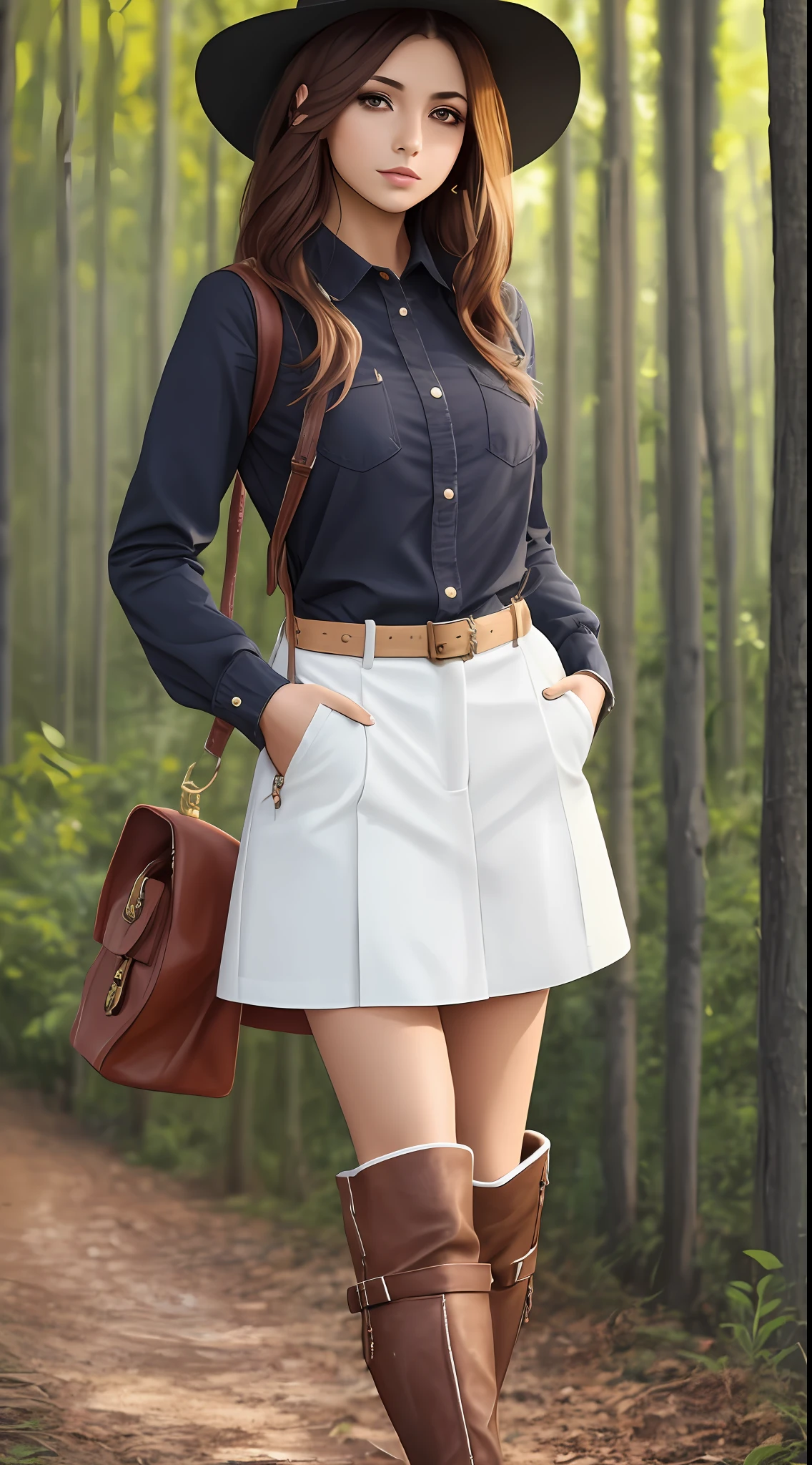Mulher do campo, garota, roupas country, roupas caras e modernas, na moda, botas, chapeu, fundo da imagem cinza
