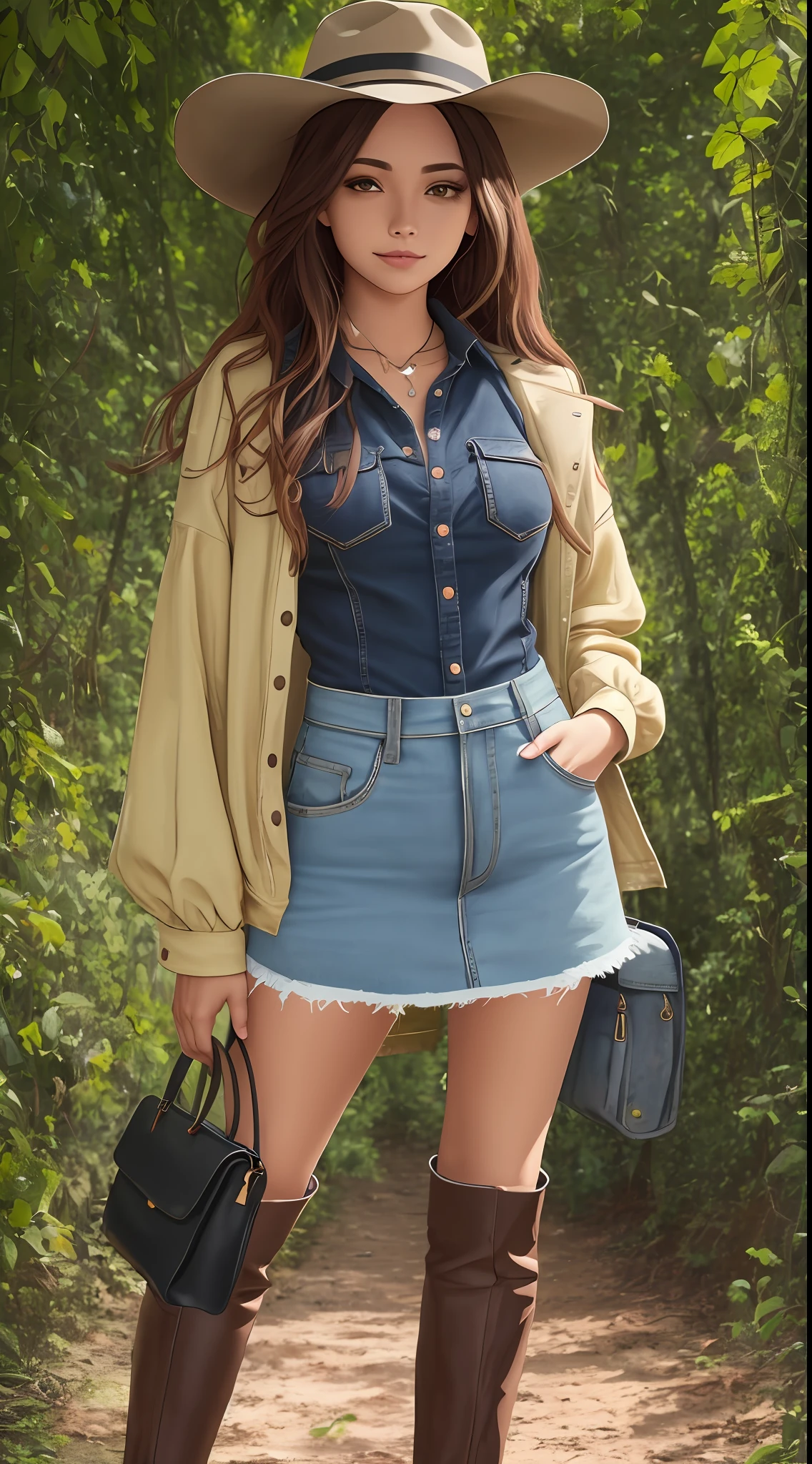 Mulher do campo, garota, roupas country, roupas caras e modernas, na moda, botas, chapeu, fundo da imagem cinza