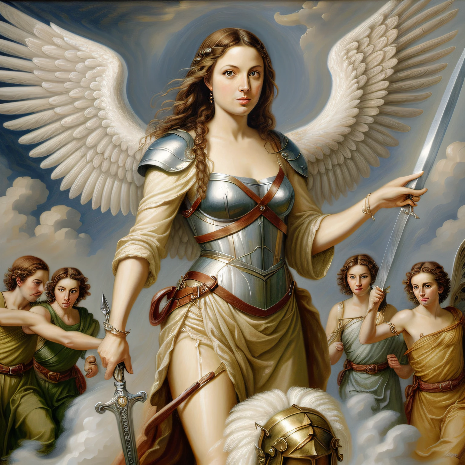 Angel Michael leading the angels in combat, sword. oil painting