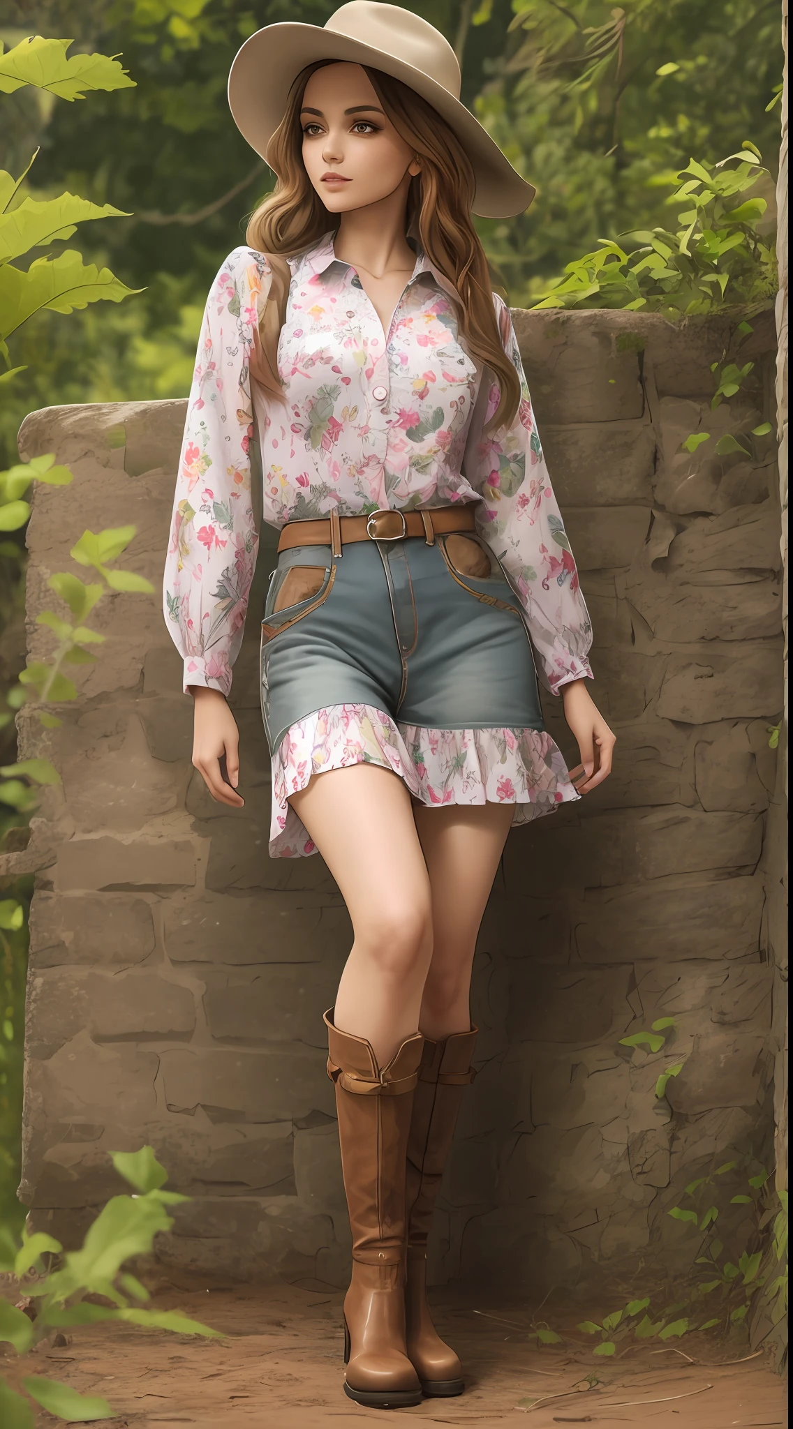 Mulher do campo, garota, roupas country, roupas caras e modernas, na moda, botas, chapeu, fundo da imagem cinza