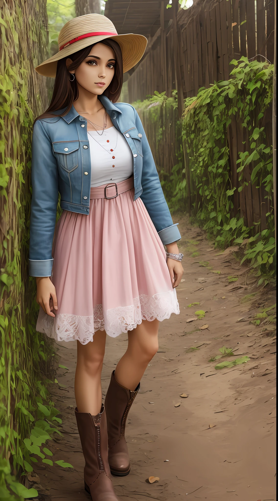 Mulher do campo, garota, roupas country, roupas caras e modernas, na moda, botas, chapeu, fundo da imagem cinza