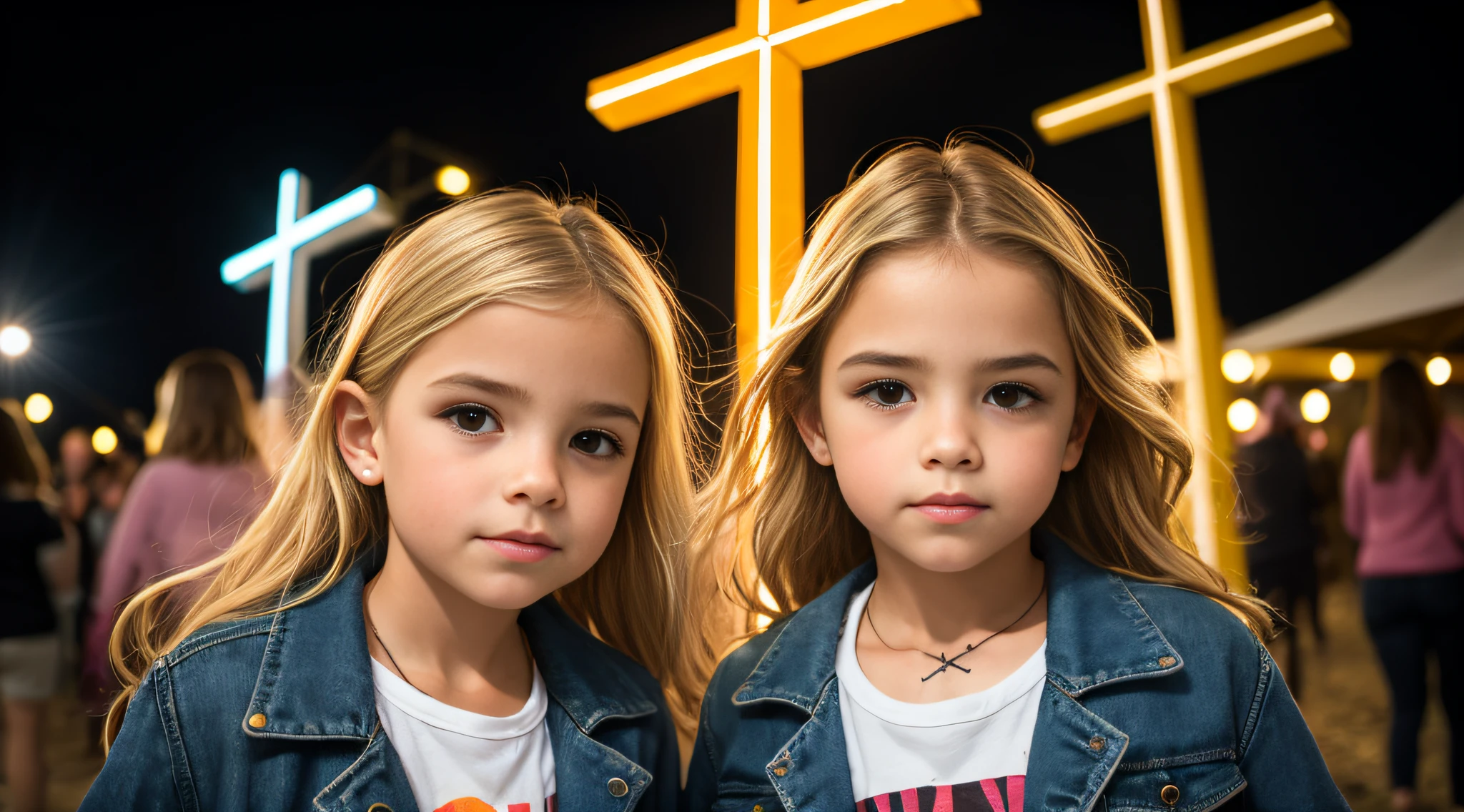 BLONDE KIDS 10 ANOS, jaqueta de couro preta, cabelos LOIROS muito longos, , uma cruz , retrato, foto de zoom detalhada, Crucifixo, Cruzes, cruz, neon cross.