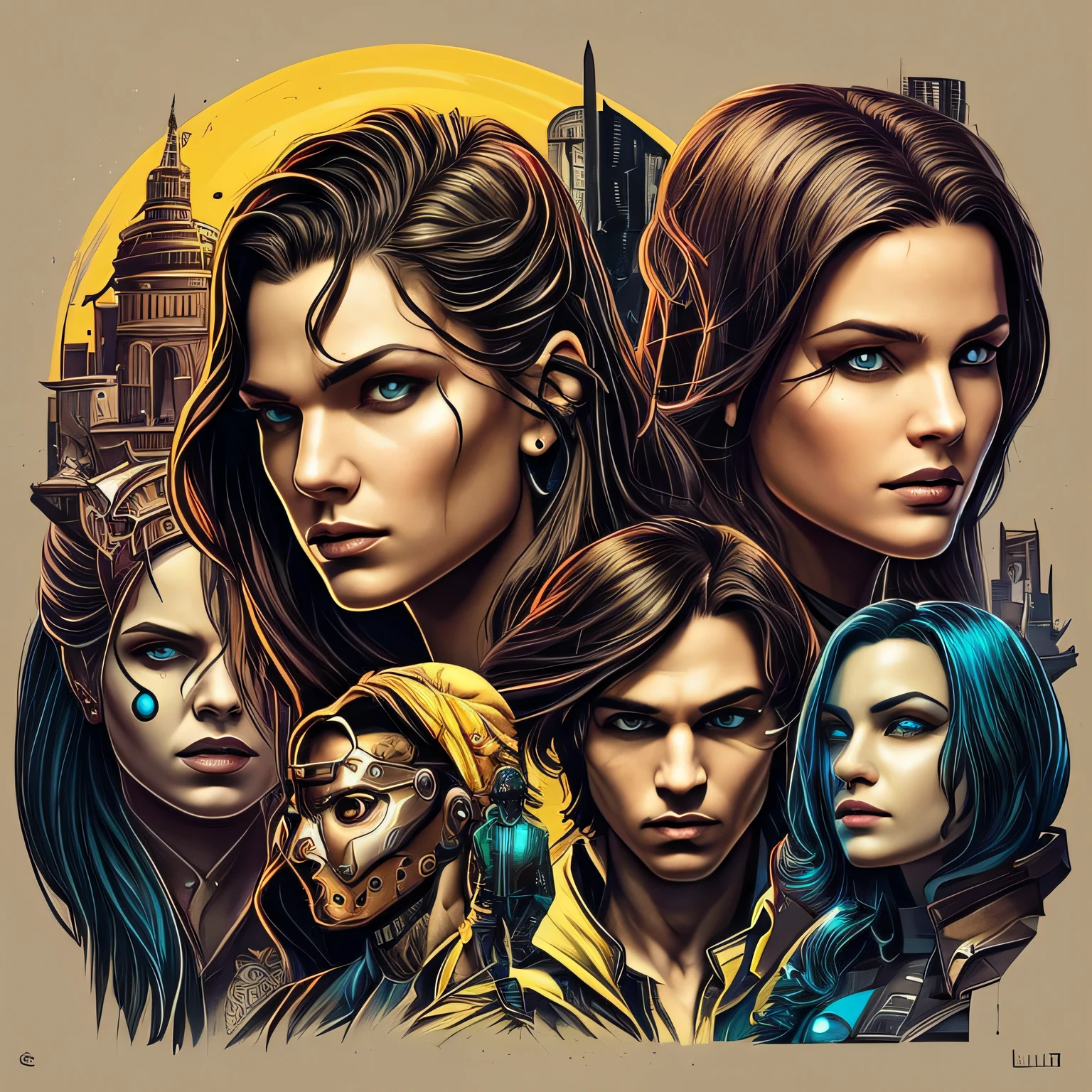 arte para camiseta, 2D, ((fundo preto :1, 5)), vetor, cores vivas, personagem da roupa cyberpunk, obra-prima, melhor qualidade, detalhes intrincados, perfect symmetrical face, detalhes realistas, gothic theme, luz da borda, luar, cinematic shading, Greg Rutkowisk