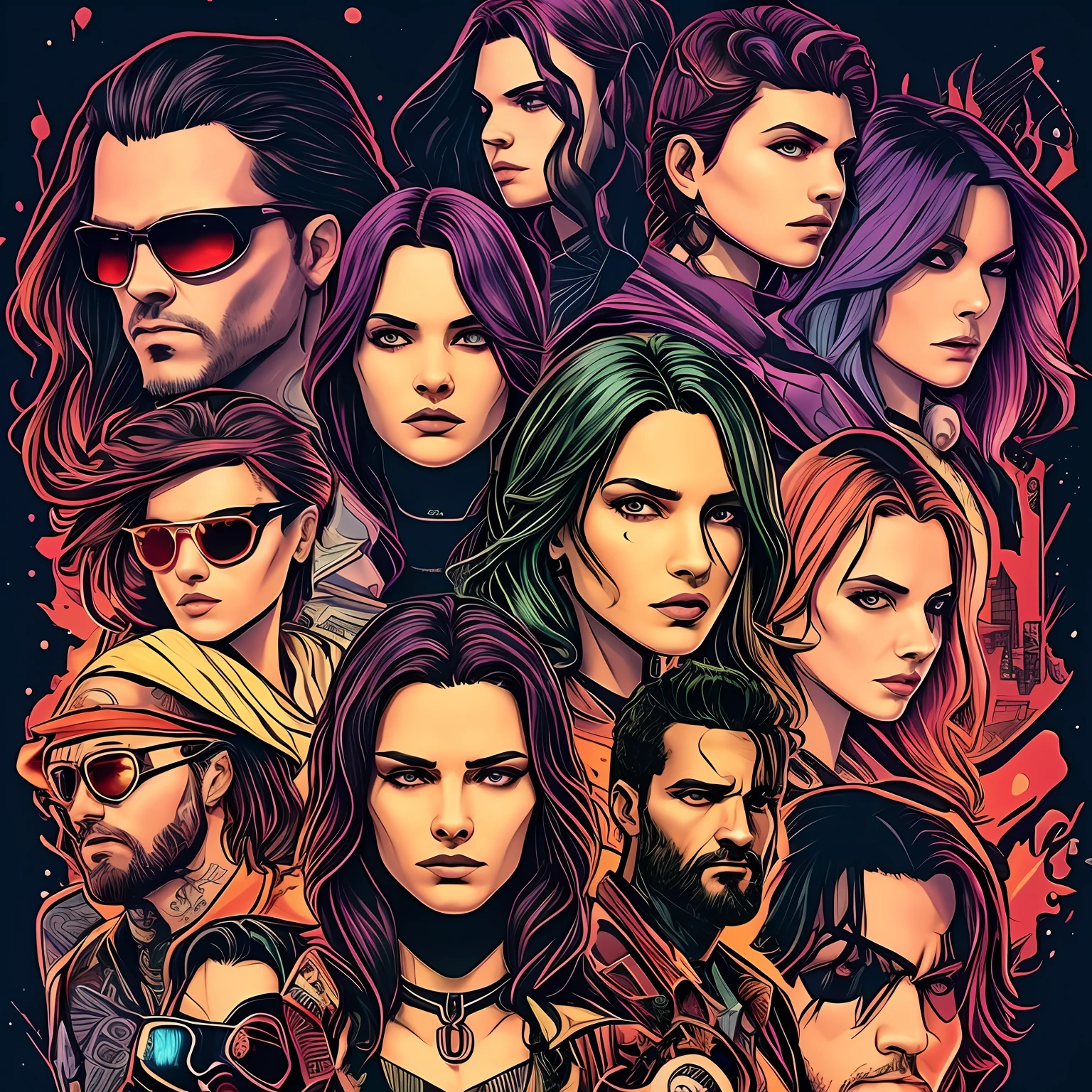 arte para camiseta, 2D, ((fundo preto :1, 5)), vetor, cores vivas, personagem da roupa cyberpunk, obra-prima, melhor qualidade, detalhes intrincados, perfect symmetrical face, detalhes realistas, gothic theme, luz da borda, luar, cinematic shading, Greg Rutkowisk