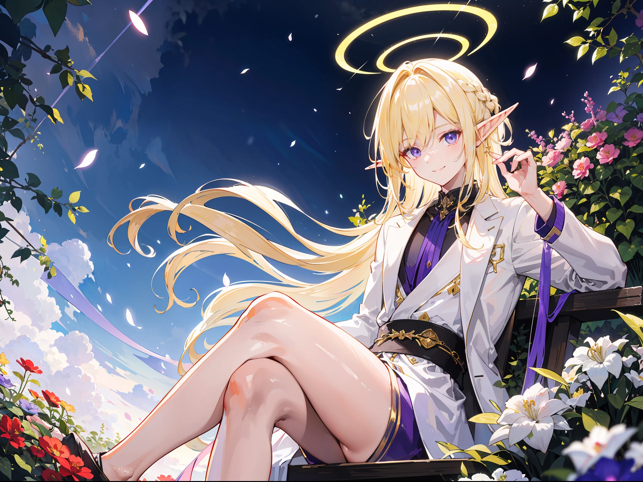 "Epic morning garden atmosphere, stunning 4k artwork featuring a confident adorable cute mature man elf with tied up long vibrant light-blonde hair. His captivating, glowing purple that illuminate the scene. He wear white coat radiant light, he have golden halo who light around him, he sitting with cute smile, he look like a girl"