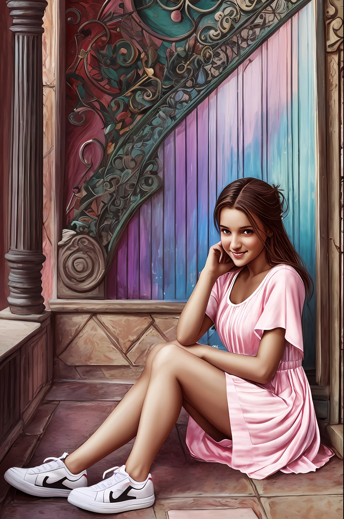 Gorgeous, young Maria Lopukhina, with emotional eyes and wet hair, in a wet light summer dress, a Khokhloma style dress, smiling happily in pink sneakers, Sat down, On the attack of the porch with your legs dangling, Paving stones in the park, intricate details, 16k, Dynamic photo, (the atmosphere of the photo in Yuri Arkurs style),, Stunning, Highly detailed, 8K, ornate, Intricate, Cinematic, Raw, atmospheric, (oil painting:0.75), (headband:0.75),(teal:0.2),(orange:0.2), (by Jeremy Mann:0.5), (by John Constable:0.1),(by El Greco:0.5),(acrylic paint:0.75), ((gradient oil painting on canvas)), 8K