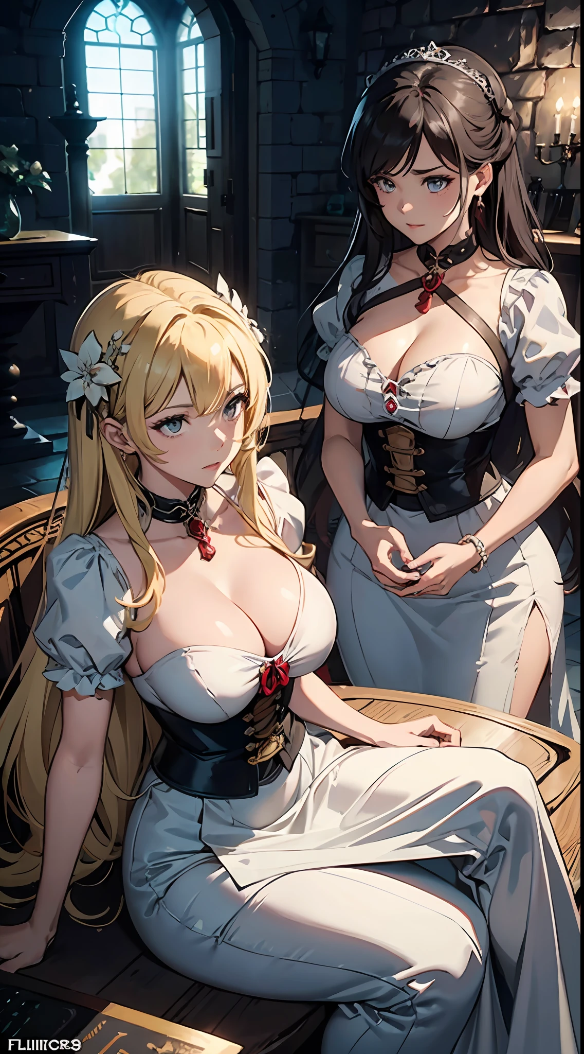 baseado no jogo Dungeon Siege 3, casamento de Catherine com Jeyne Kassynder, 2 mulheres se casando, ambas usam vestido de noiva sexy branco com grande decotes, obra-prima, melhor qualidade, 8k, Altas, dynamic picture, foco nas 2 noivas, prestes a serem defloradas, na sala real de um castelo, cheio de convidados, (convidados desfocados, foco nas noivas)