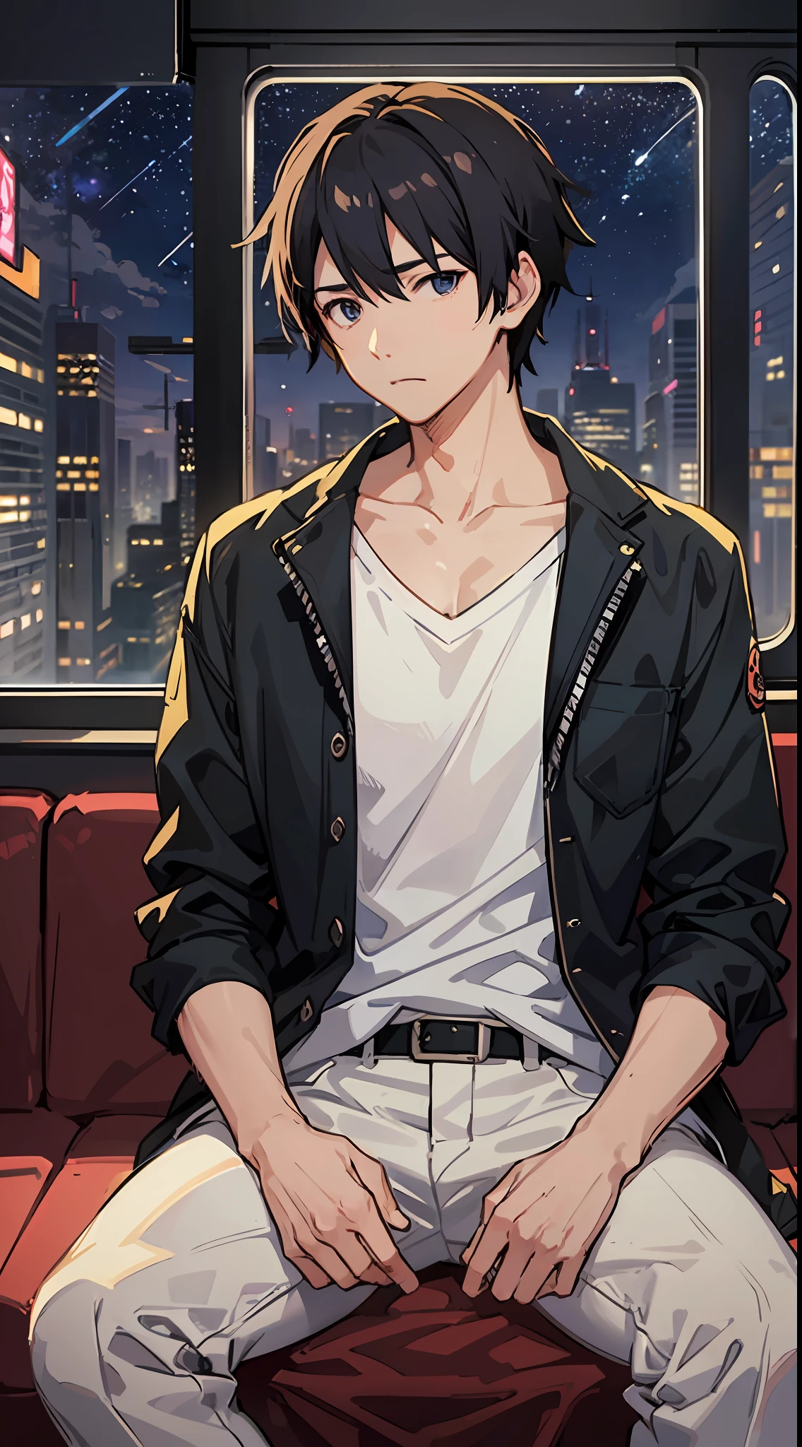High quality masterpiece ,scenecy,((Cool boy sitting on the rails,The shirt is open to reveal strong pectoral muscles)), Glittering starry sky。Romantic train,Pisif,concept-art,Lofi art style,glint。 By Makoto Shinkai, lofi art, beautiful anime scenes, Anime landscapes, Detailed scenery —width 672, in style of makoto shinkai, Makoto Shinkai's style,Detail enhancement。((Libido boy,Whole body strengthening)),((Cold,icy look in the eye)),((Short Hair Hair)),(sitted)