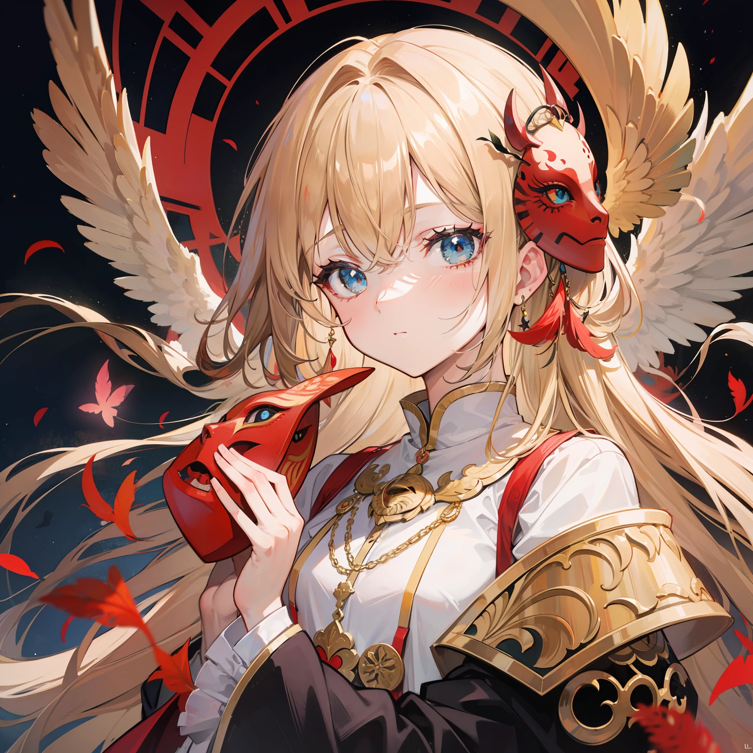 a character with golden wings and a red feather, in the style of reimagined religious art, Eyes on wings, Anime-inspired, trompe-l'oeil illusionistic detail, celestialpunk, ritualistic masks, lively illustrations