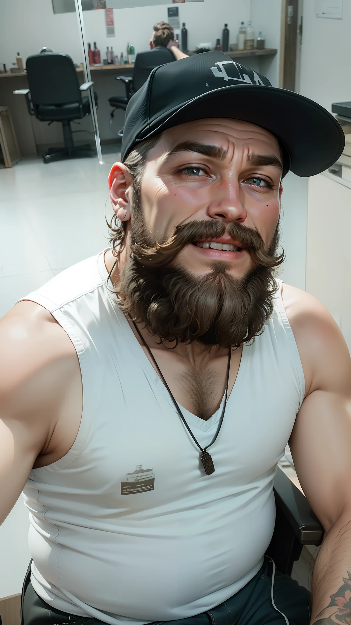 man sitting in a chair, beard, mustache, barbershop, hairdresser, cutting hair, grunge atmosphere, whiskey, strong drinks, atmosphere of male confidence, man, man look straight into the eyes of the viewer, man smiles