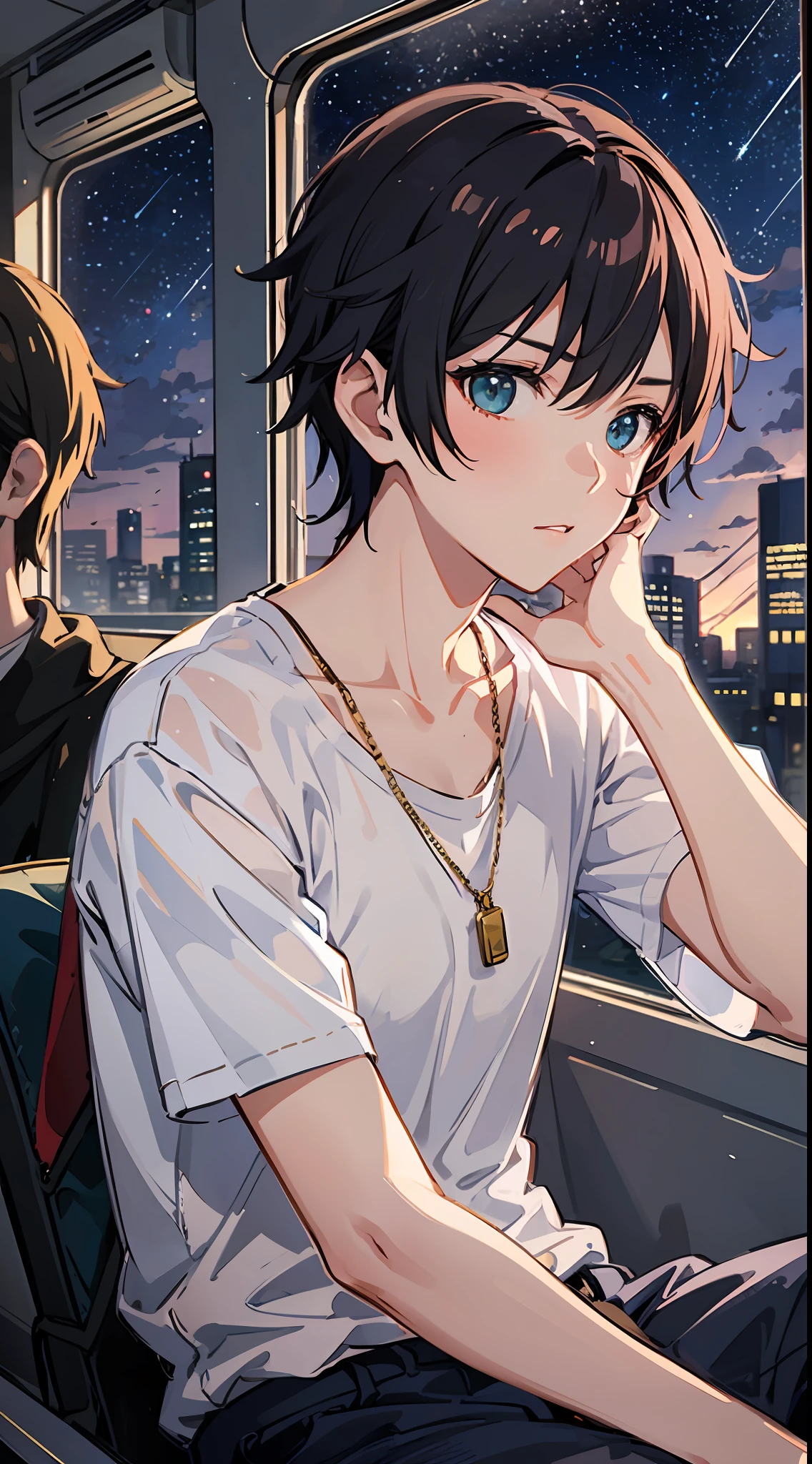 High quality masterpiece ,scenecy,((The cool boy sits arrogantly on the rails,The shirt is open to reveal strong pectoral muscles)), Glittering starry sky。Romantic train,Pisif,concept-art,Lofi art style,glint。 By Makoto Shinkai, lofi art, beautiful anime scenes, Anime landscapes, Detailed scenery —width 672, in style of makoto shinkai, Makoto Shinkai's style,Detail enhancement。((Libido boy,Whole body strengthening)),((Cold,icy look in the eye)),((Short Hair Hair)),(sitted)