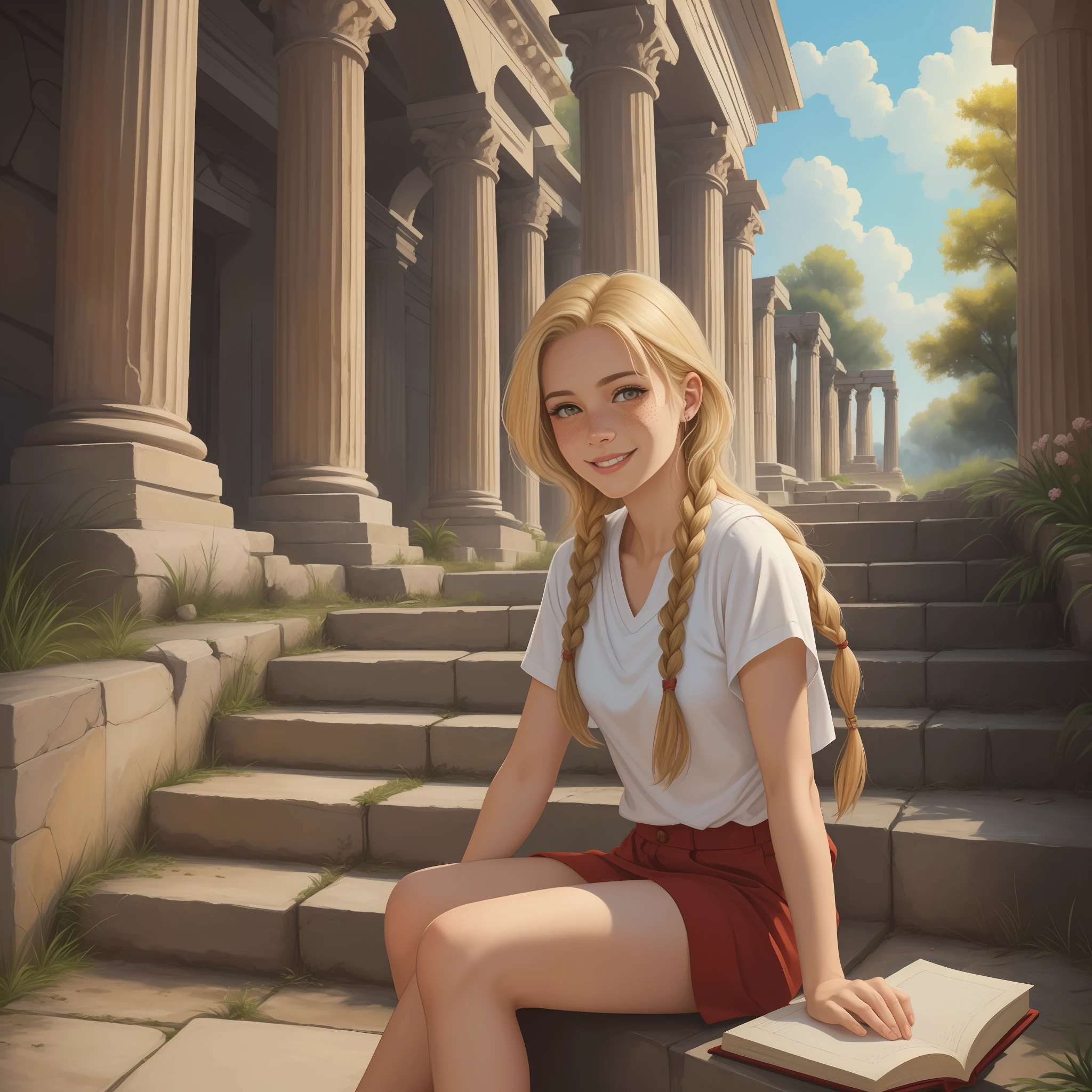 Uma jovem mulher (( 30 anos, Blondie hair with braid around the head, pale skin and freckles, olhos cinza, sorriso meigo, vestindo strapon feminino grego)) she's sitting on the steps of an ancient Greek temple and writing in a red-coated book, Landscape with trees and lush sky, fotorrealista, obra prima, pintura a oleo