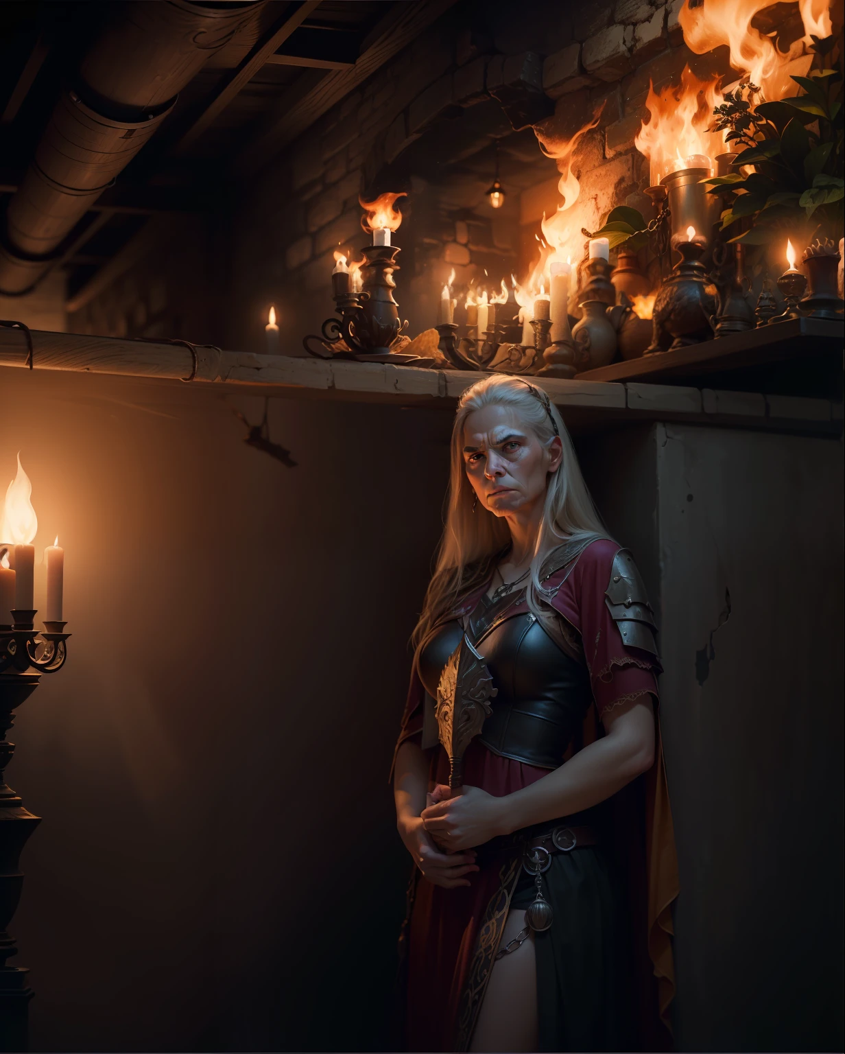(Highest quality:1.3), cinematic photo, masterpiece, (sharp focus:1.5), (photorealistic:1.3), medium portrait of (a tired-looking old Viking warrior, but still proud and fierce, now the leader of his village, dressed in elaborately detailed chains and leather armor, some torches burn on the walls, giving the scene a dark atmosphere, but carving the forms in sharp chiaroscuro),   is nocturnal, (highly detailed skin), (detailed face), detailed background, dark lighting, twilight lighting, volumetric lighting, intricate details, UHD, --auto