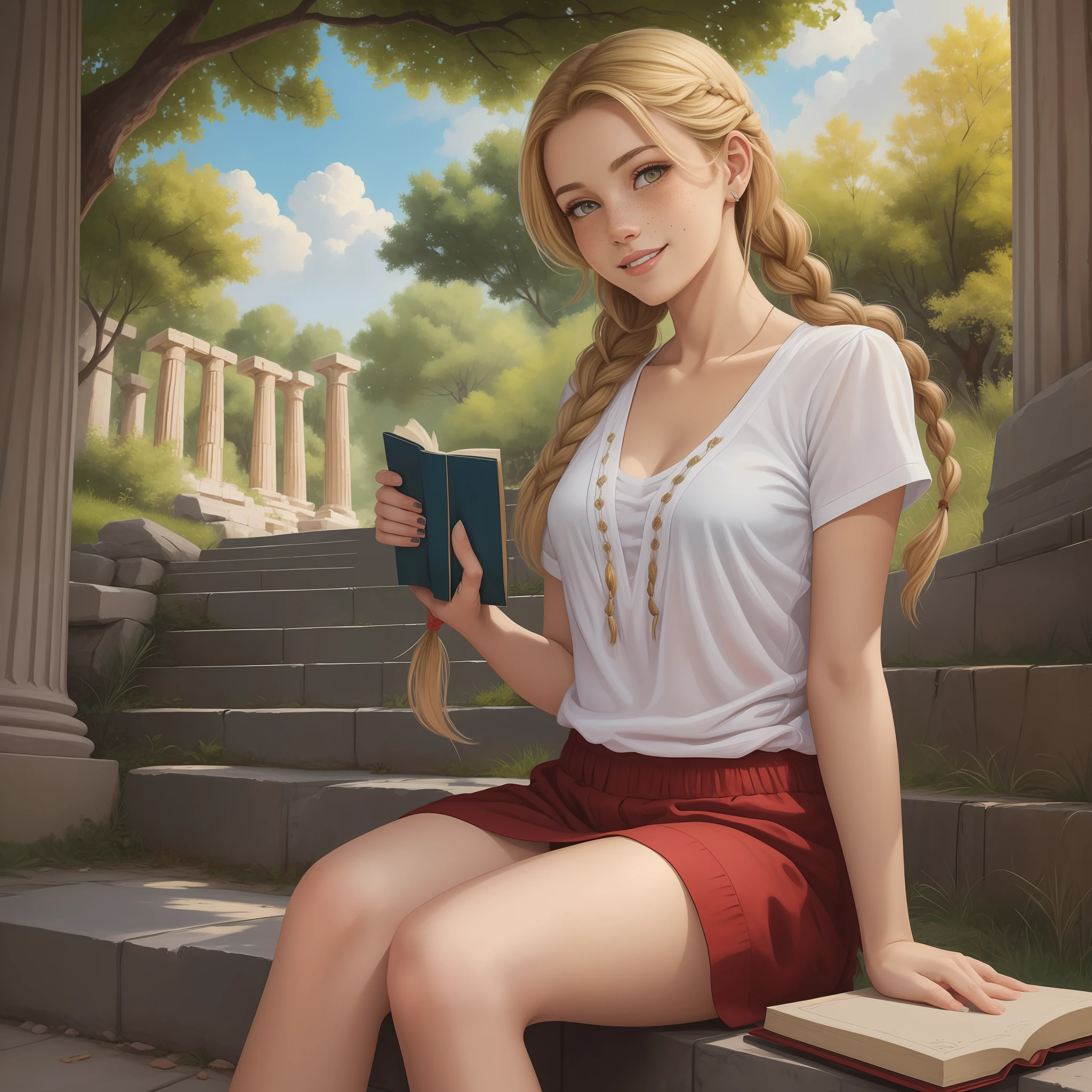 Uma jovem mulher (( 30 anos, Blondie hair with braid around the head, pale skin and freckles, olhos cinza, sorriso meigo, vestindo strapon feminino grego)) she's sitting on the steps of an ancient Greek temple and writing in a red-coated book, Landscape with trees and lush sky, fotorrealista, obra prima, pintura a oleo