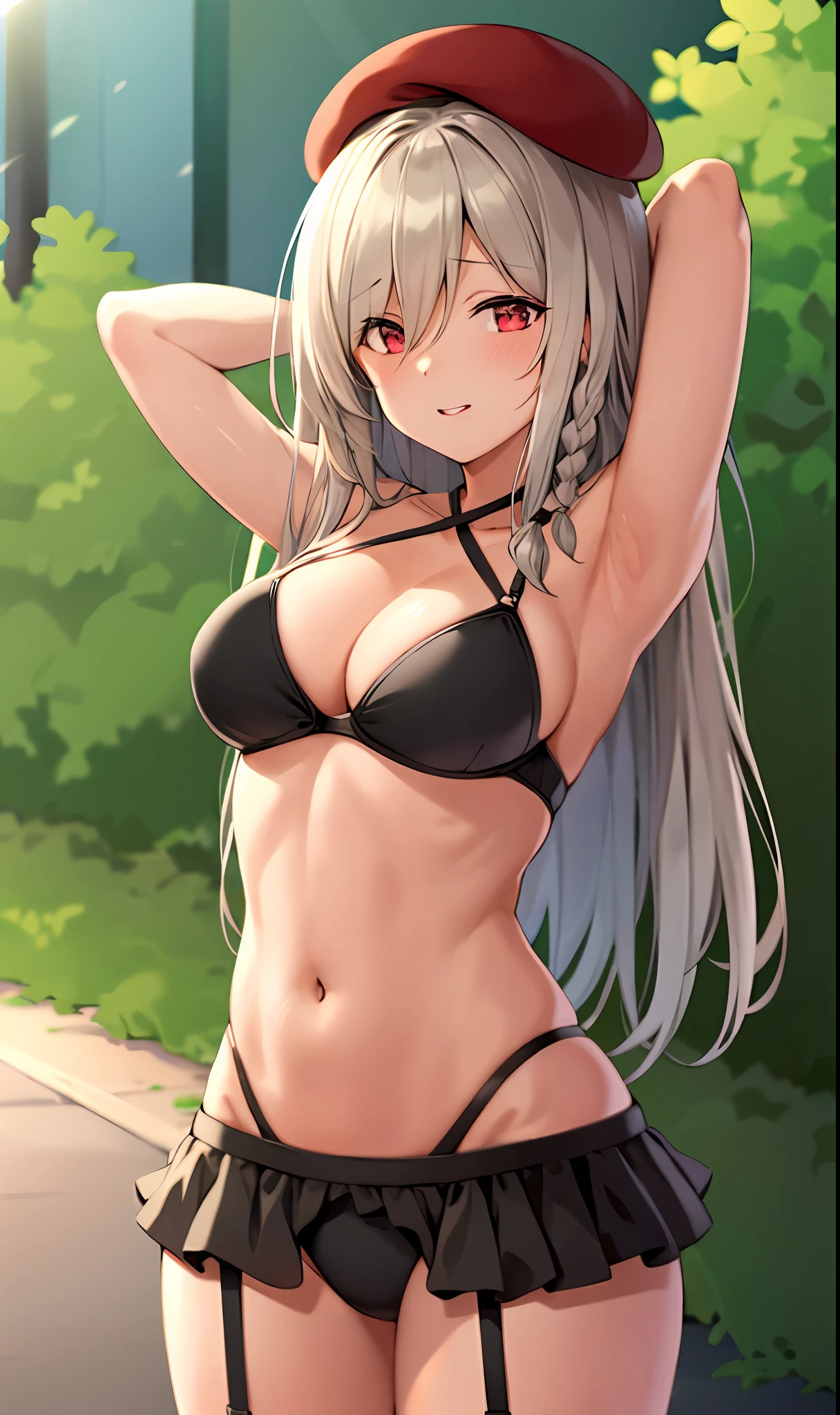 masterpiece,masterpiece, best quality,disgust,
uniformG36C,solo, 1girl, breasts, grey hair,red eyes,arms behind head,highleg bikini,outside, sunshine