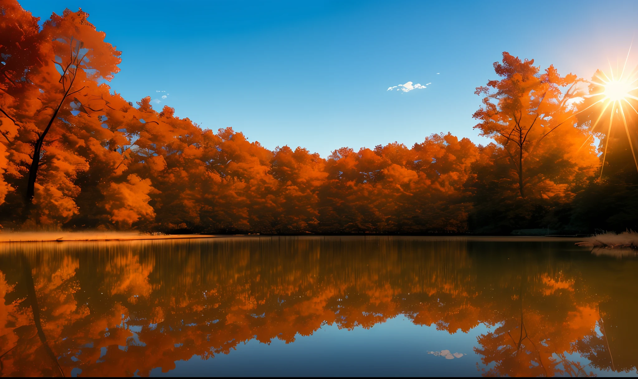 masterpiece, best quality, aesthetic, highres RAW photo, landscape photography, wide shot, from below, scenery, sunrise, blue sky, clouds, lake, reflection, sun, trees, floating leaves, ripples, foreground interest, depth of field, cinematic lighting, asymmetric composition, professional shadows, sharp focus, lens flare --auto