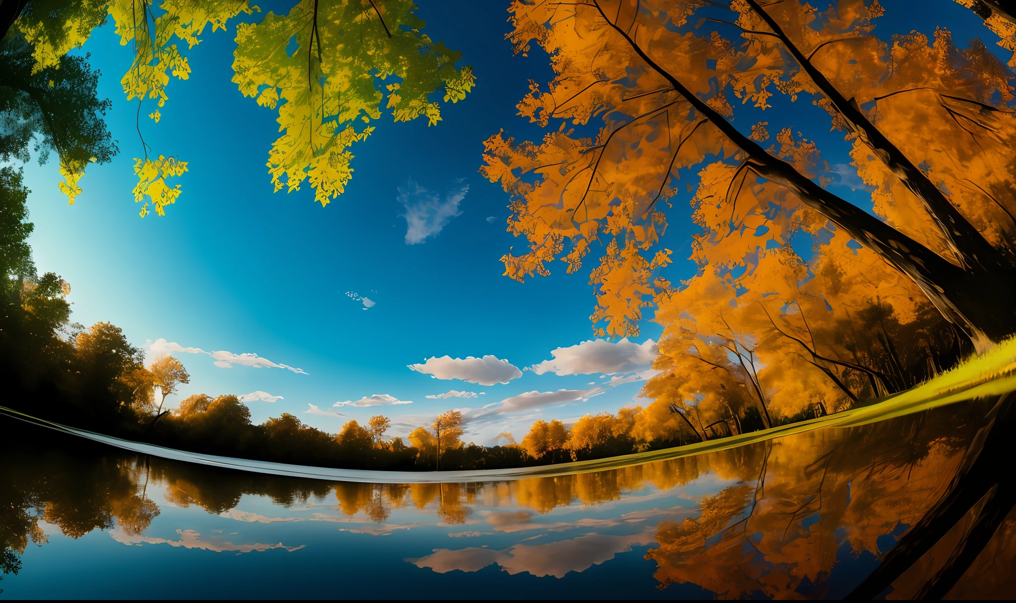 masterpiece, best quality, aesthetic, highres RAW photo, landscape photography, wide shot, from below, scenery, sunrise, blue sky, clouds, lake, reflection, sun, trees, floating leaves, ripples, foreground interest, depth of field, cinematic lighting, asymmetric composition, professional shadows, sharp focus, lens flare --auto