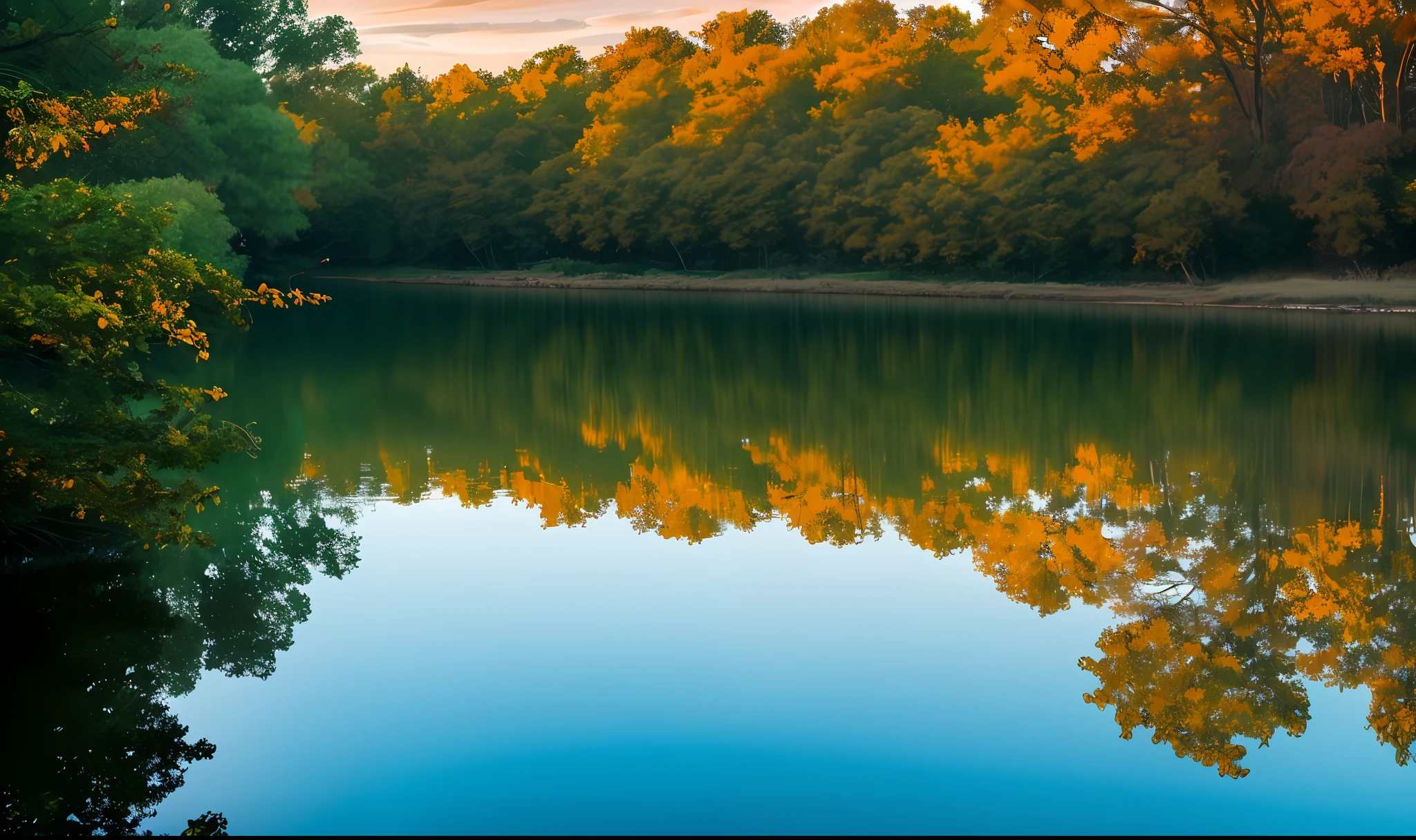 masterpiece, best quality, aesthetic, highres RAW photo, landscape photography, wide shot, from below, scenery, sunrise, blue sky, clouds, lake, reflection, sun, trees, floating leaves, ripples, foreground interest, depth of field, cinematic lighting, asymmetric composition, professional shadows, sharp focus, lens flare --auto