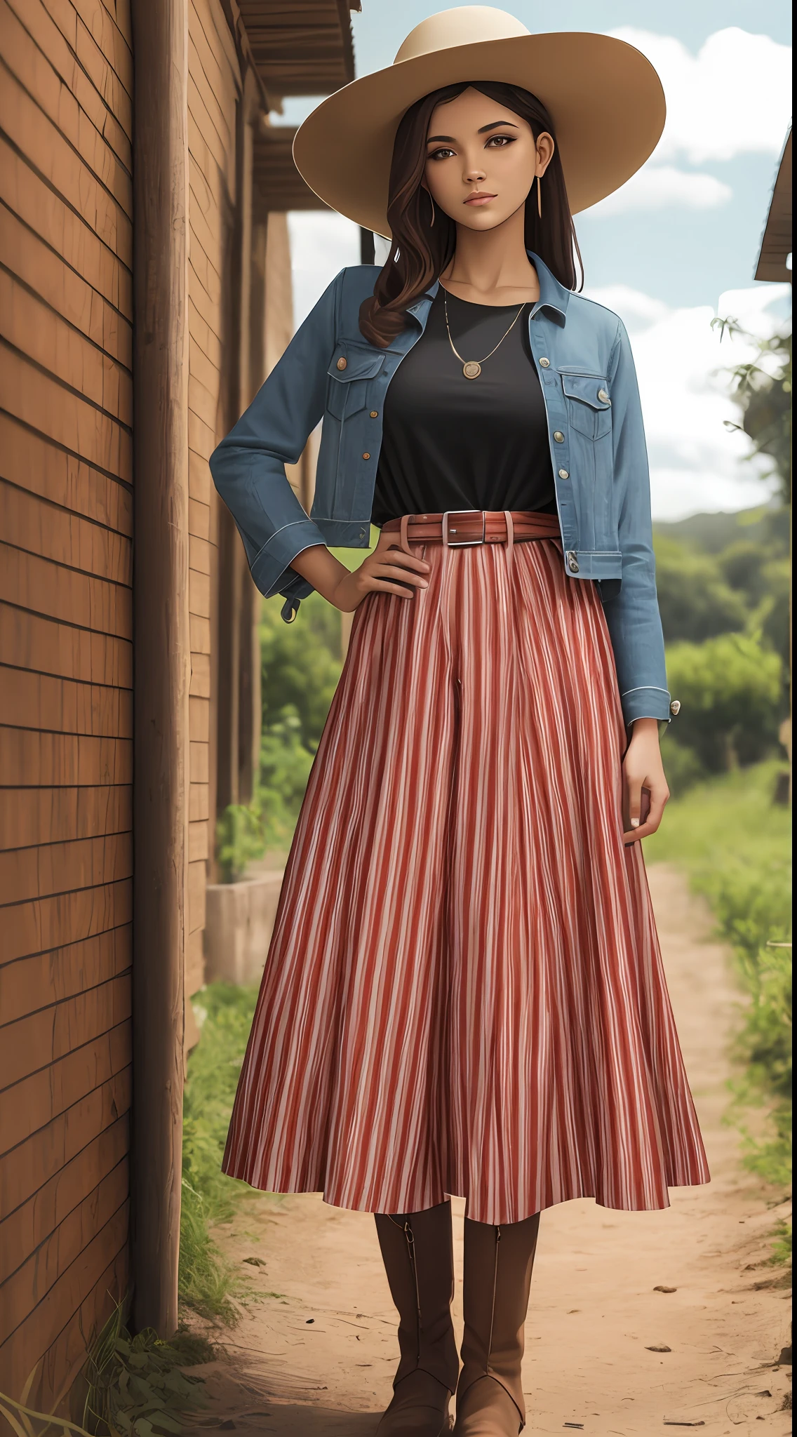 Mulher do campo, garota, roupas country, roupas caras e modernas, na moda, botas, chapeu, fundo da imagem cinza