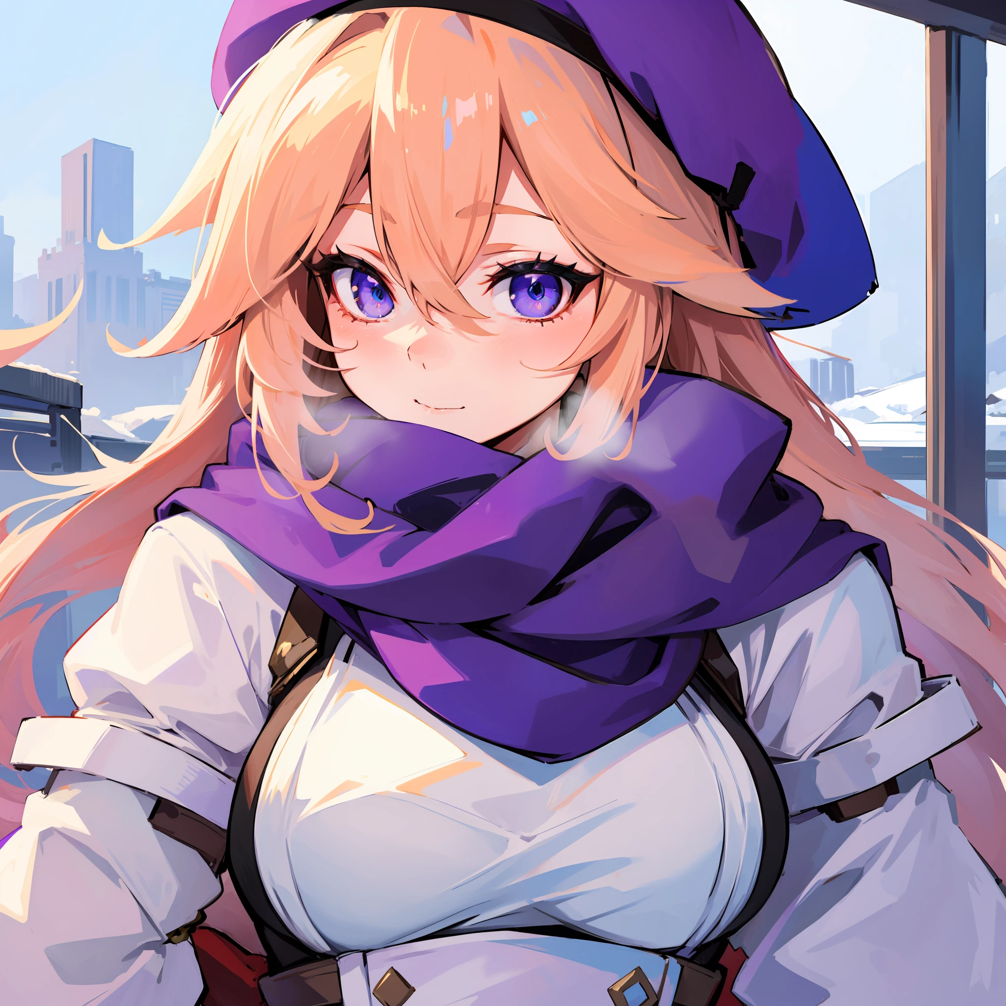 one blonde girl, wearing white winter clothes, wearing a purple scarf, blue eyes, big covered breasts, sweet eyes, wearing a purple beret