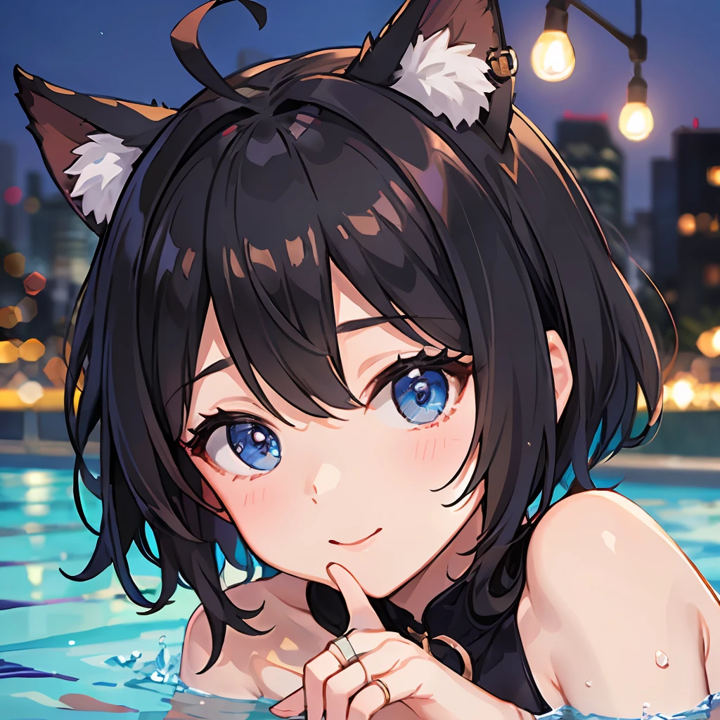 ((beste-Qualit))、((a masterpiece of))、((ultra-definition))、(illustratio)、(Fine light)、(Extremely delicate and beautiful)、(((独奏)))、1 girl in、(((beautiful a girl)))、opened mouth、Shy smile、(Black-haired), (Black cat ears), (Ahoge), (absurdly short hair), (Maeby Hair), (Blue eyes),Background night pool、Sexy swimming costume、Wearing a ring on the ring finger of his left hand、Kamimei、