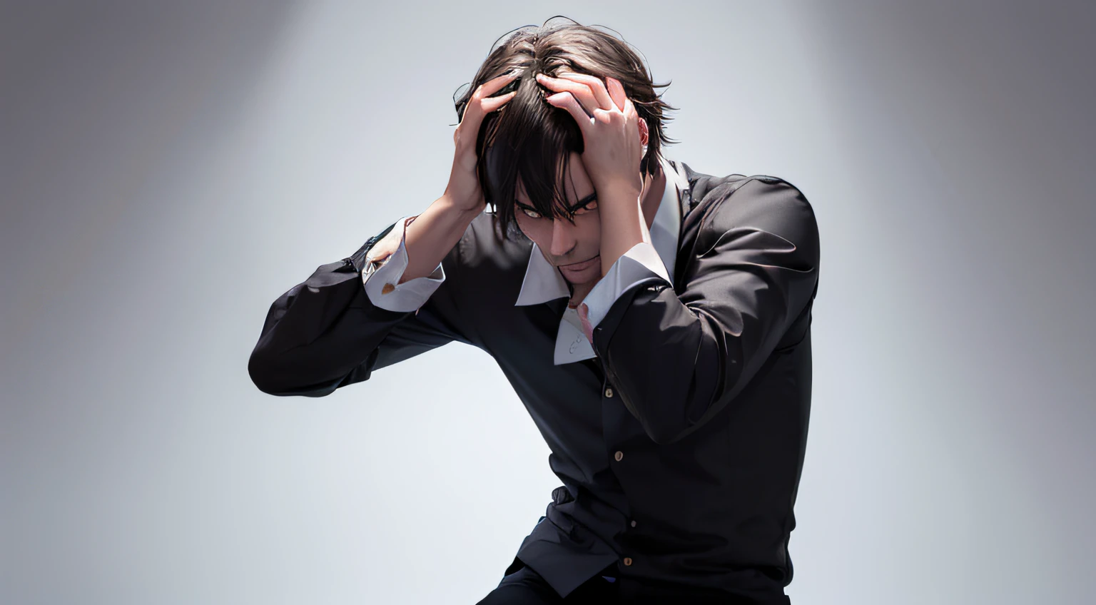 there is a man in a black shirt and tie holding his head, uma foto de um homem desgrenhado, Foto de um ensaio promocional, dramatic thinking pose, Frustrado, frustrado detalhado, Foto promocional, frustrated expression, homem triste, dramatic serious pose, clasps his bangs in one hand, pose de anime bonito, fotografia editorial, Jonny Greenwood (Guitarra)