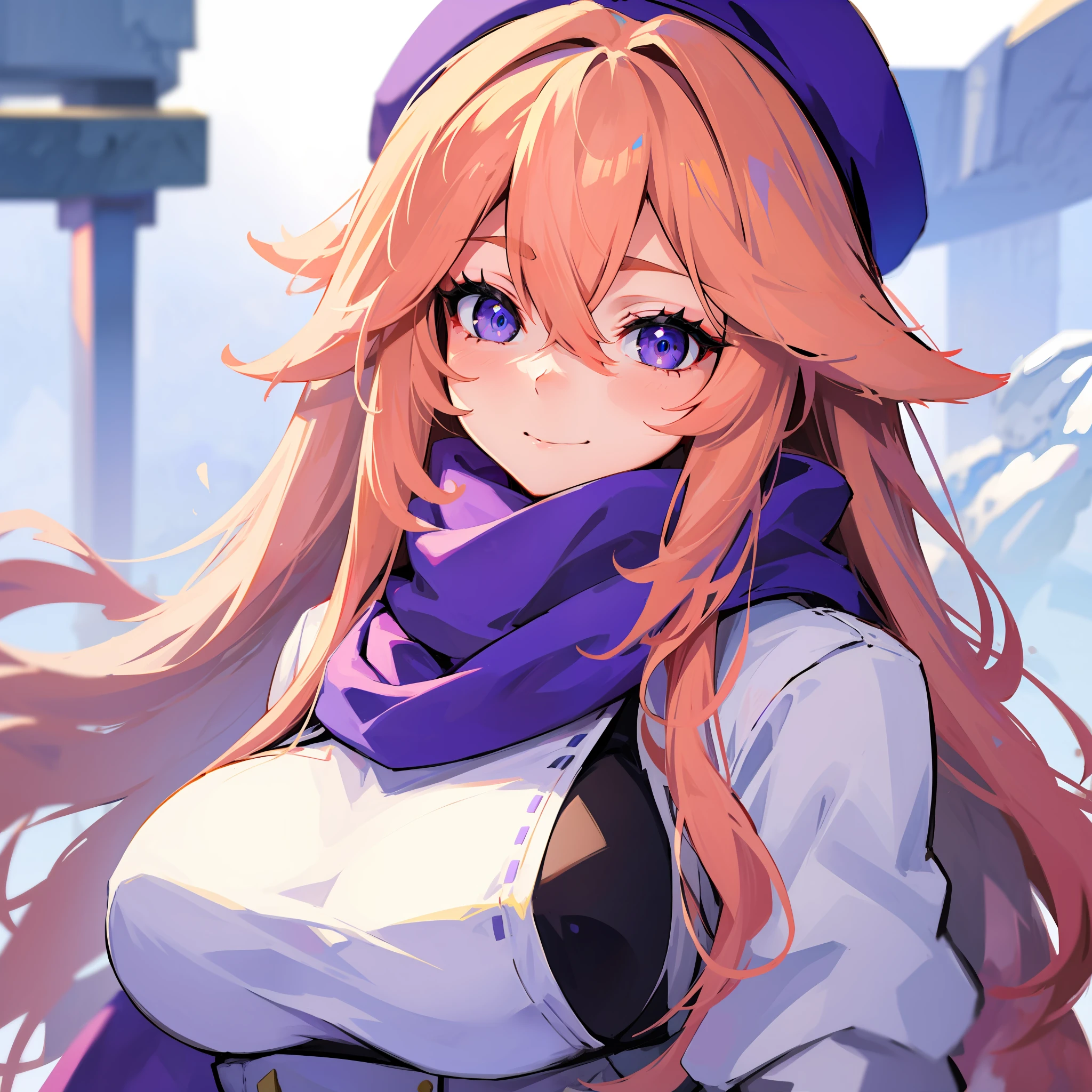 one blonde girl, wearing white winter clothes, wearing a purple scarf, blue eyes, big covered breasts, sweet eyes, wearing a purple beret